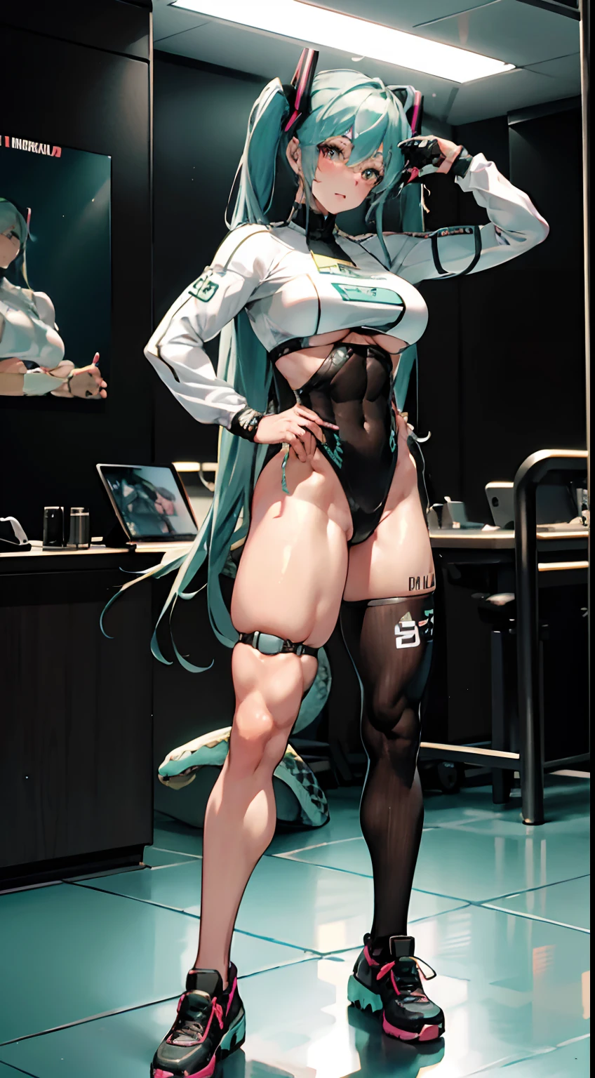 Hatsune Miku, 1 girl, anime girl, best quality, bodybuilding, muscle, big, wallpaper, hotel, blush, side visible pose, seductive, cyberpunk suit, large full breasts, The strongest in the world, The blood vessels in the arm bulge like a snake,