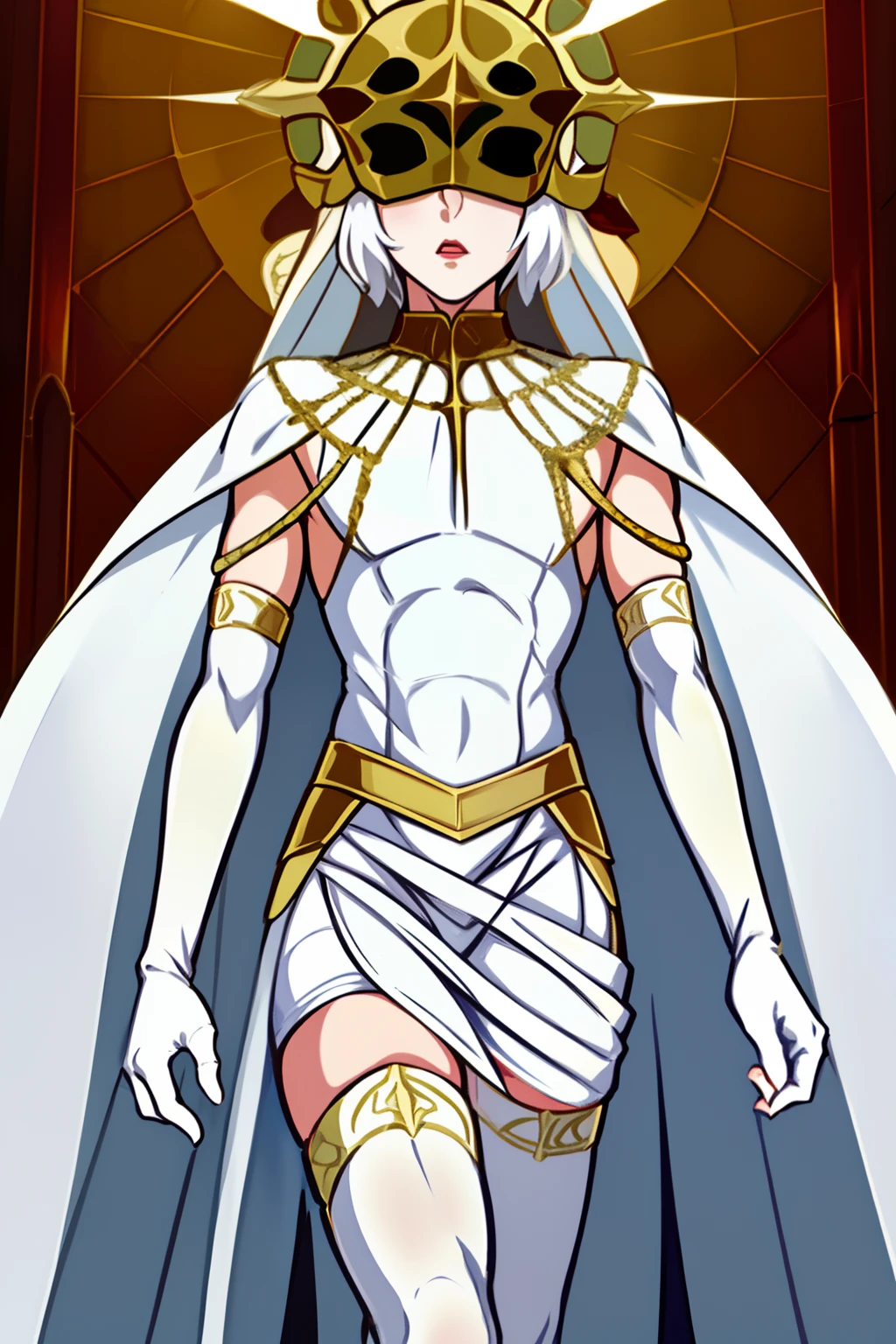 Gywndolin, short white hair, androgynous, 1boy, male, femboy, flat-chested, GwyRob, white thighhighs, ((golden sun mask)), covered eyes, gold jewelry, white elbow gloves, long white dress, green snakes, white veil, ((snakes under white dress)), perfect anatomy, solo