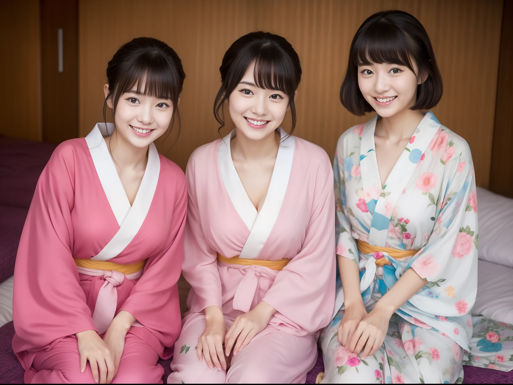 Two beautiful women、18year old 、Half body shot、80mm、A smile、bangss、NSFW、NSFW、Japan Yukata、Japanese futon、nudde、nudde