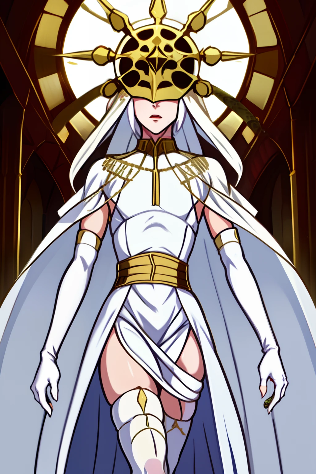 Gywndolin, short white hair, androgynous, 1boy, male, femboy, flat-chested, GwyRob, white thighhighs, ((golden sun mask)), covered eyes, gold jewelry, white elbow gloves, long white dress, green snakes, white veil, ((snakes under white dress)), perfect anatomy, solo