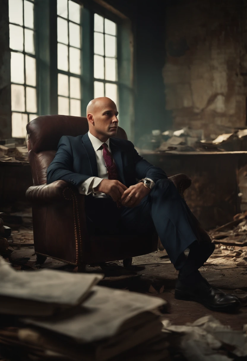A bald boss sitting in a dilapidated office