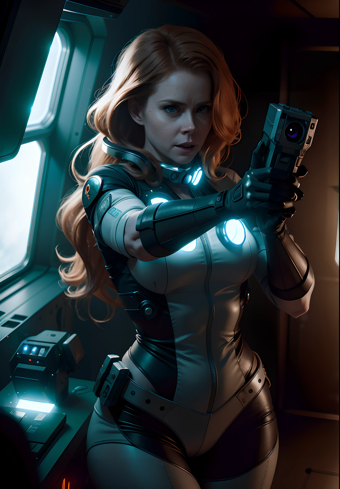 Hot terrified Sci fi Amy Adams with a ponytail holding a sci fi pistol on Ishimura Horror Space Ship photography, natural light, photorealism, cinematic rendering, ray tracing, the highest quality, the highest detail, Cinematic, Third-Person View, Blur Effect, Long Exposure, 8K, Ultra-HD, Natural Lighting, Moody Lighting, Cinematic Lighting