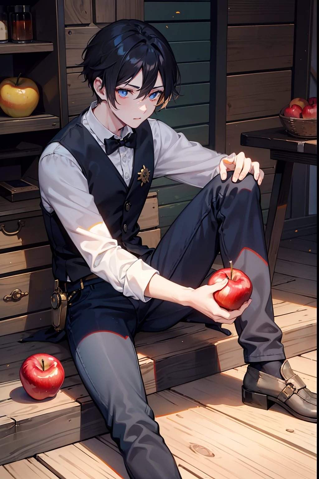 male people　A dark-haired　blue eyess 　Apples are falling on the floor　Bees are flying　steampunc 　（ember）　Sitting on the floor　Short hair　Wearing pants