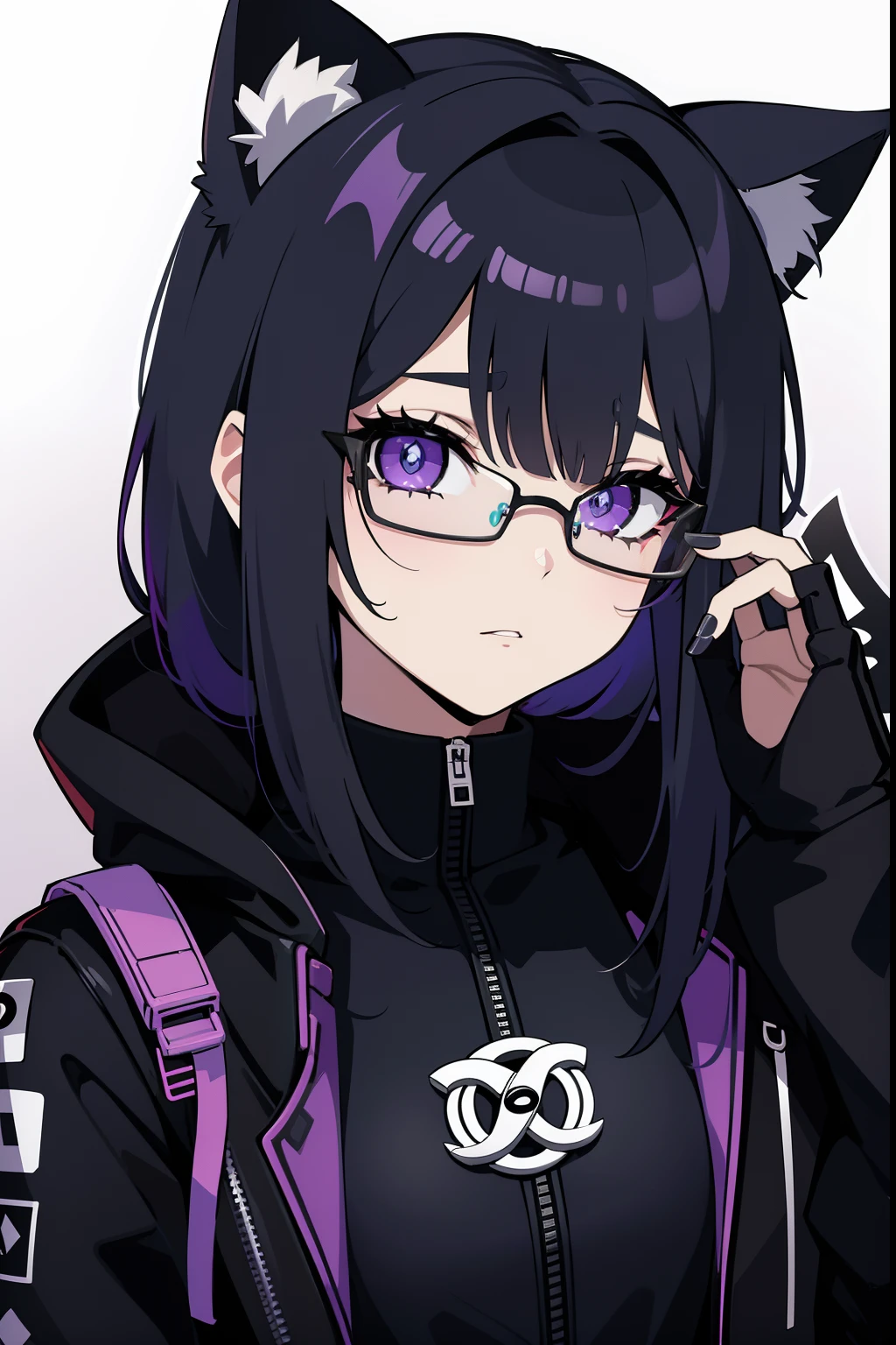 Cyberpunk menina roxo gamer, with glasseswith cat ears, com 20 anos de idade, olhos roxos brilhando, Cabelo tamanho medio preto Chanel com pontas roxa