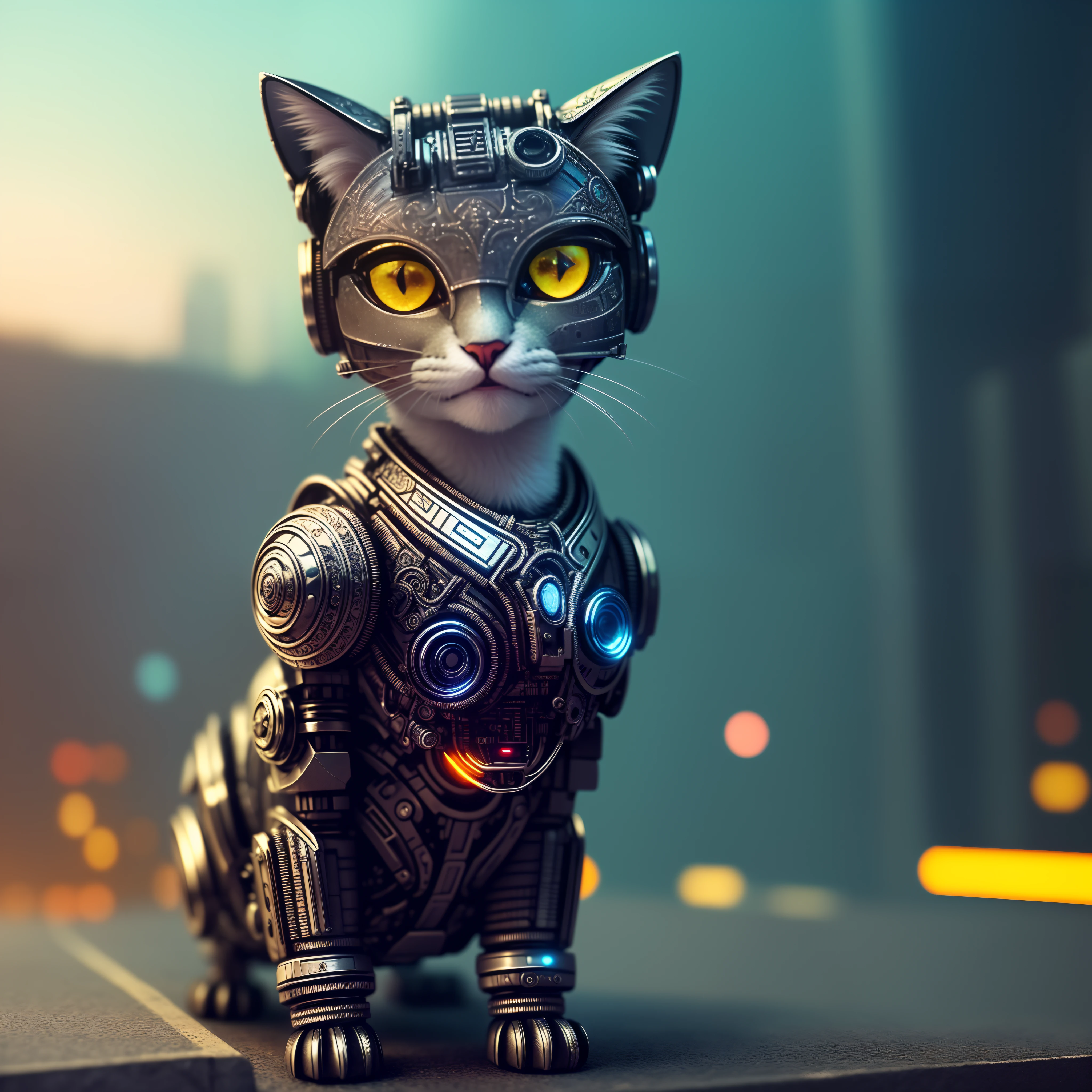 a cute kitten made out of metal, cyborg, cyberpunk style, ((intricate details)), hdr, ((intricate details, hyperdetailed)), cinematic shot, vignette