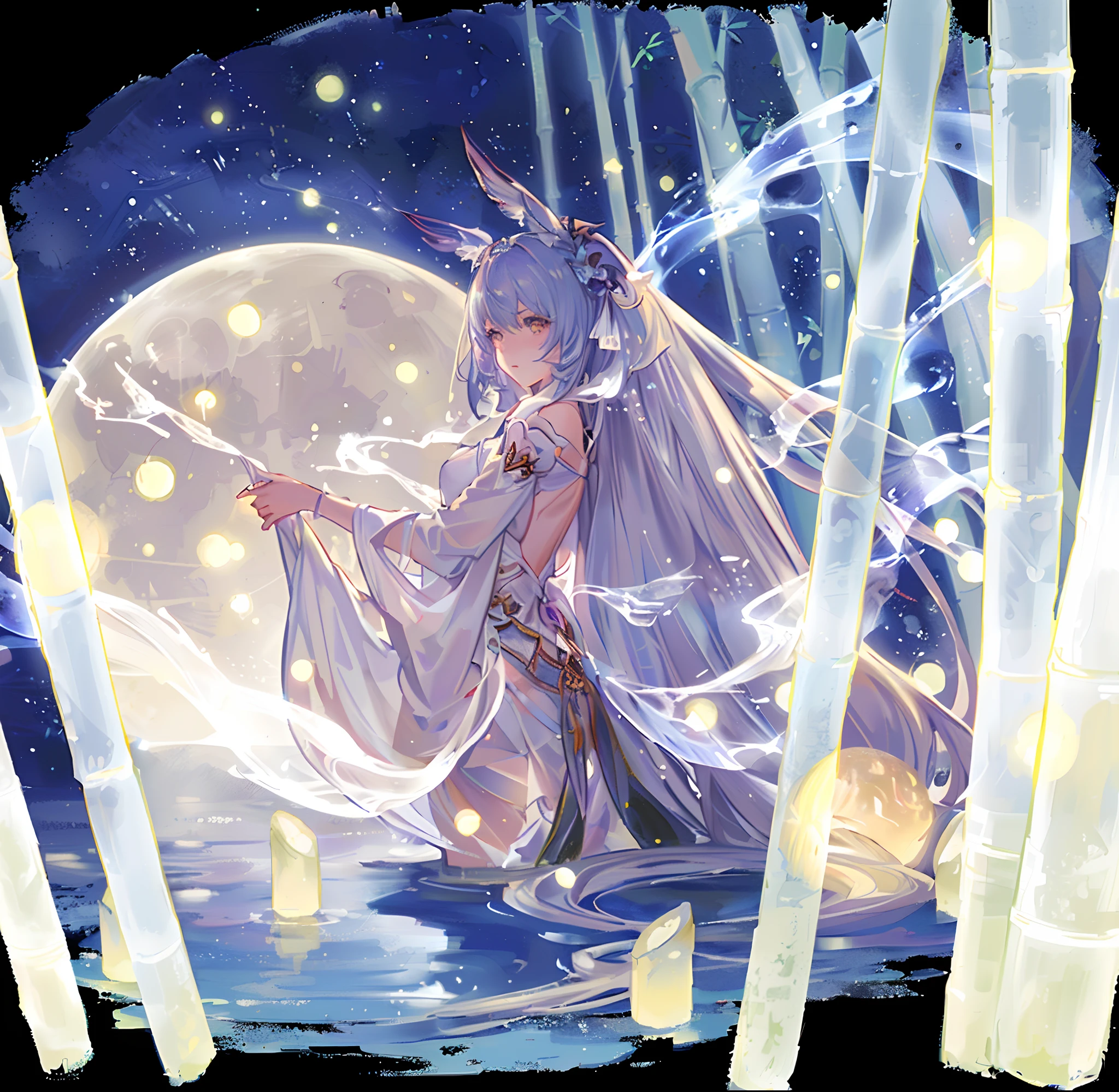 anime girl in a white dress standing in a bamboo forest, pixiv contest winner, astral fairy, mizutsune, lunar goddess, from arknights, ethereal anime, digital art on pixiv, by Yuumei, astral ethereal, beautiful celestial mage, pixiv, nightcore, anime fantasy illustration, moon goddess, [[fantasy]], pixiv style