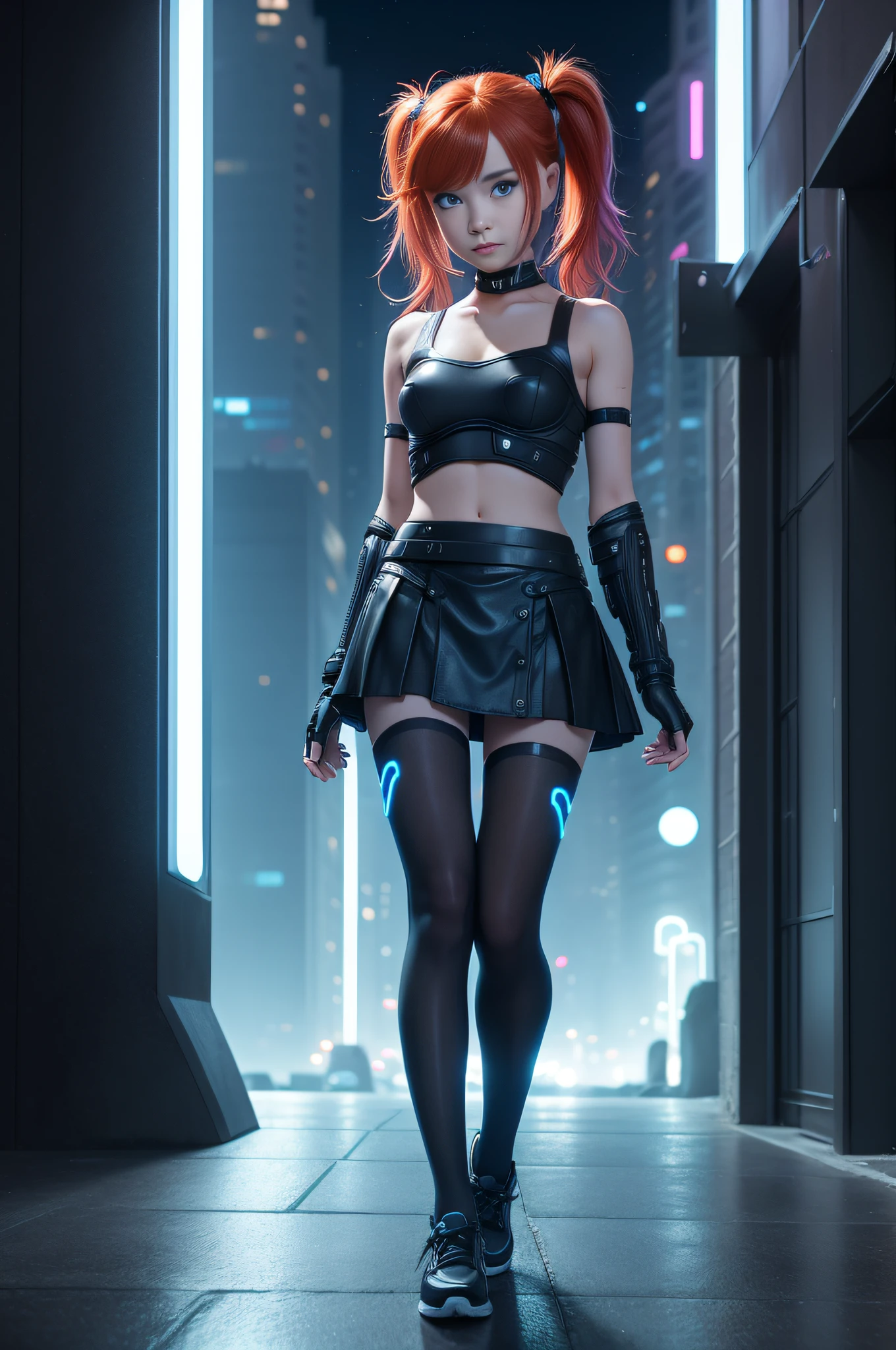 1 girl, solo, (nsfw), cute redhead 18-year-old girl in twin tails, ((perfect female body)), (cute face make up), multiple (rainbow colored hair: 1.2), (beautiful detailed blue eyes: 1.6), (photo realistic eyes: 1.6), happy, Ukrainian, (petite body), ((small hips)), pale white skin, (mini skirt and tube top), (matte pantyhose: 1.6), (("TRON LEGACY futuristic city" style background)), (night time:1.2), photo realistic.