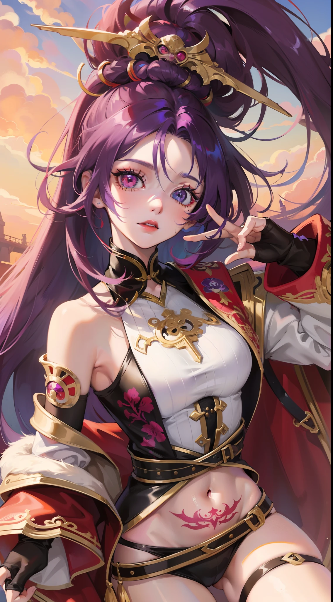 Adult girl, long purple hair, Part of the hair is gathered in a high ponytail, Heterochromia, The left eye is purple, Red right eye, The Monkey King's Armor, open torso, lots of tattoos, clouds beneath your feet, Masterpiece, hiquality, 4k, HD, Good detail