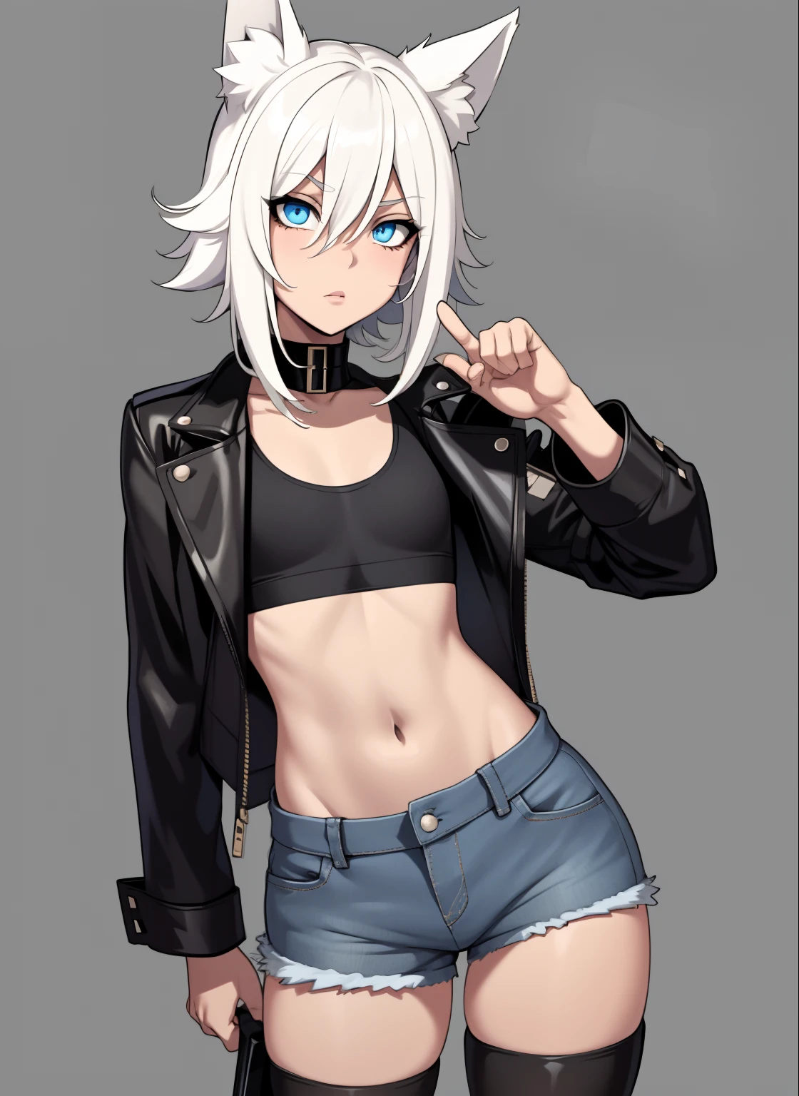 Single boy, Anime Femboy, Short, Long white hair, dog ears, blue eyes, short jeans, thigh high socks, black combat boots, open black jacket, flat chest, super flat chest, tank top, solo femboy, only one femboy ((FLAT CHEST))