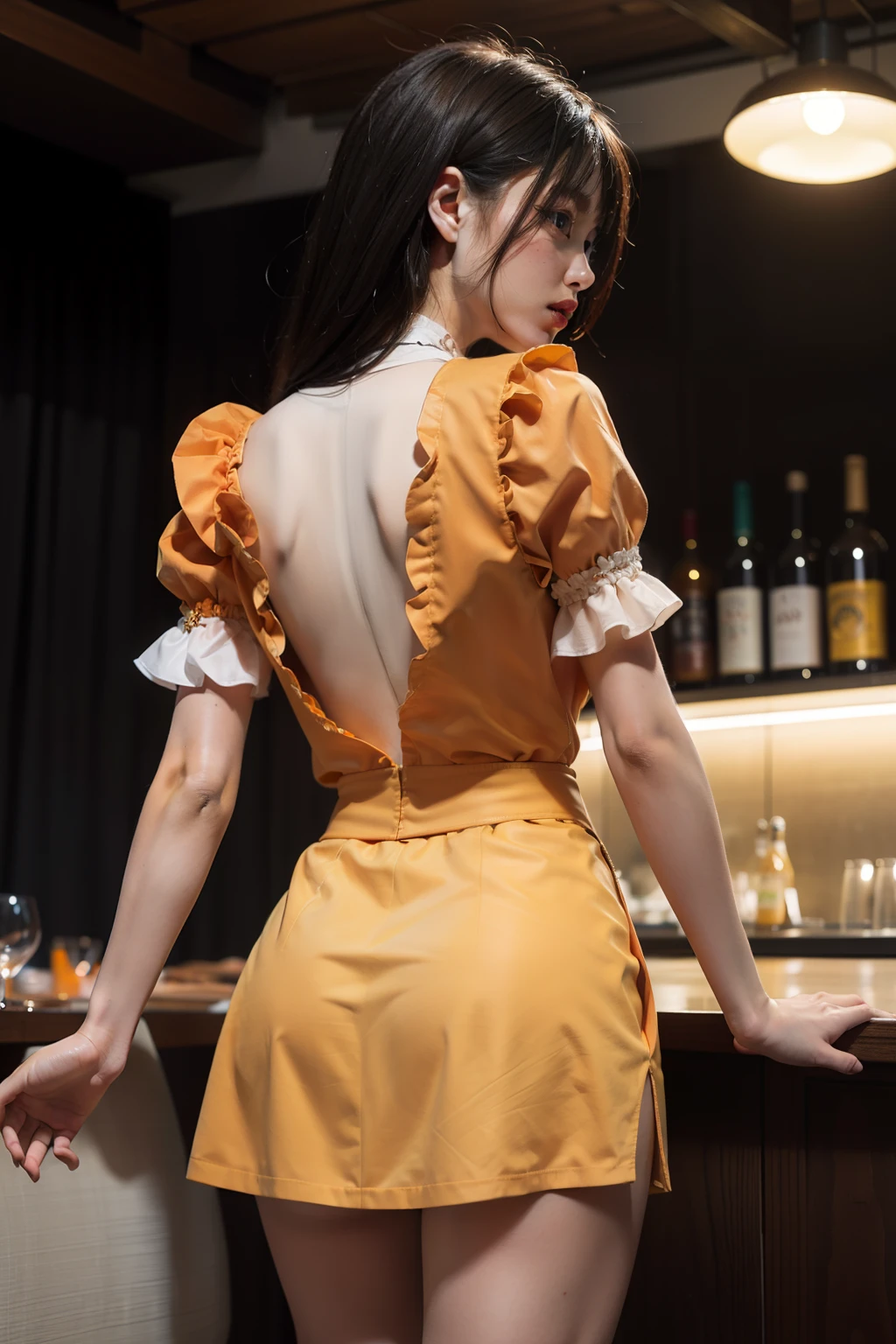Cornelian cherry, Young Woman, Very short skirt of orange color, Orange bodice, White short sleeve blouse, middlebreasts, Emphasis on the chest, Serving drinks to guests at the restaurant、ground-level view, Rear view、full body wide shot