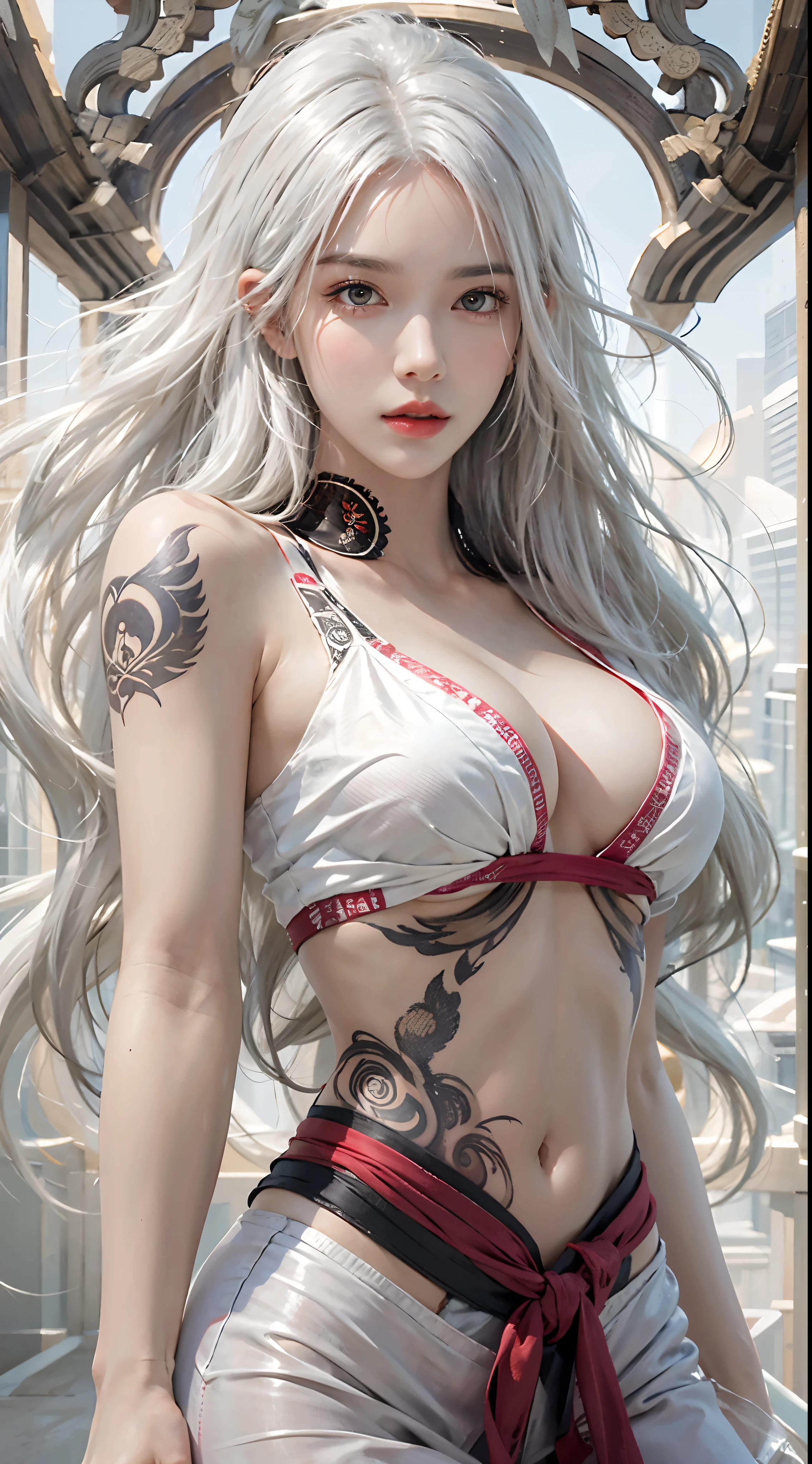 photorealistic, high resolution, 1women, solo, hips up, look at viewer, (detailed face), white hair, long hair, medium breasts, tattoo, taoist