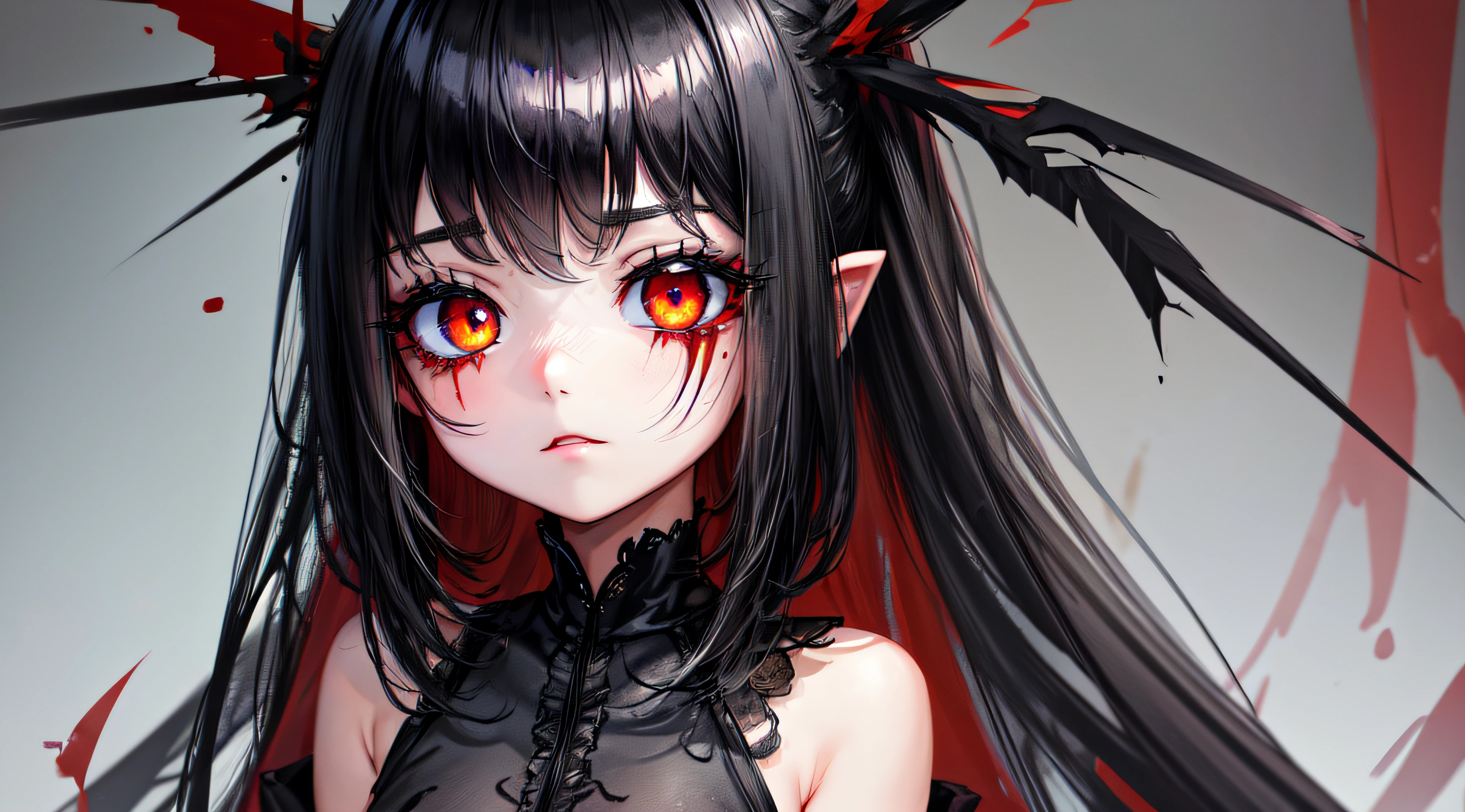 3  girl, black hair, dark gray sclera, black iris, blood red pupil, detailed eyes