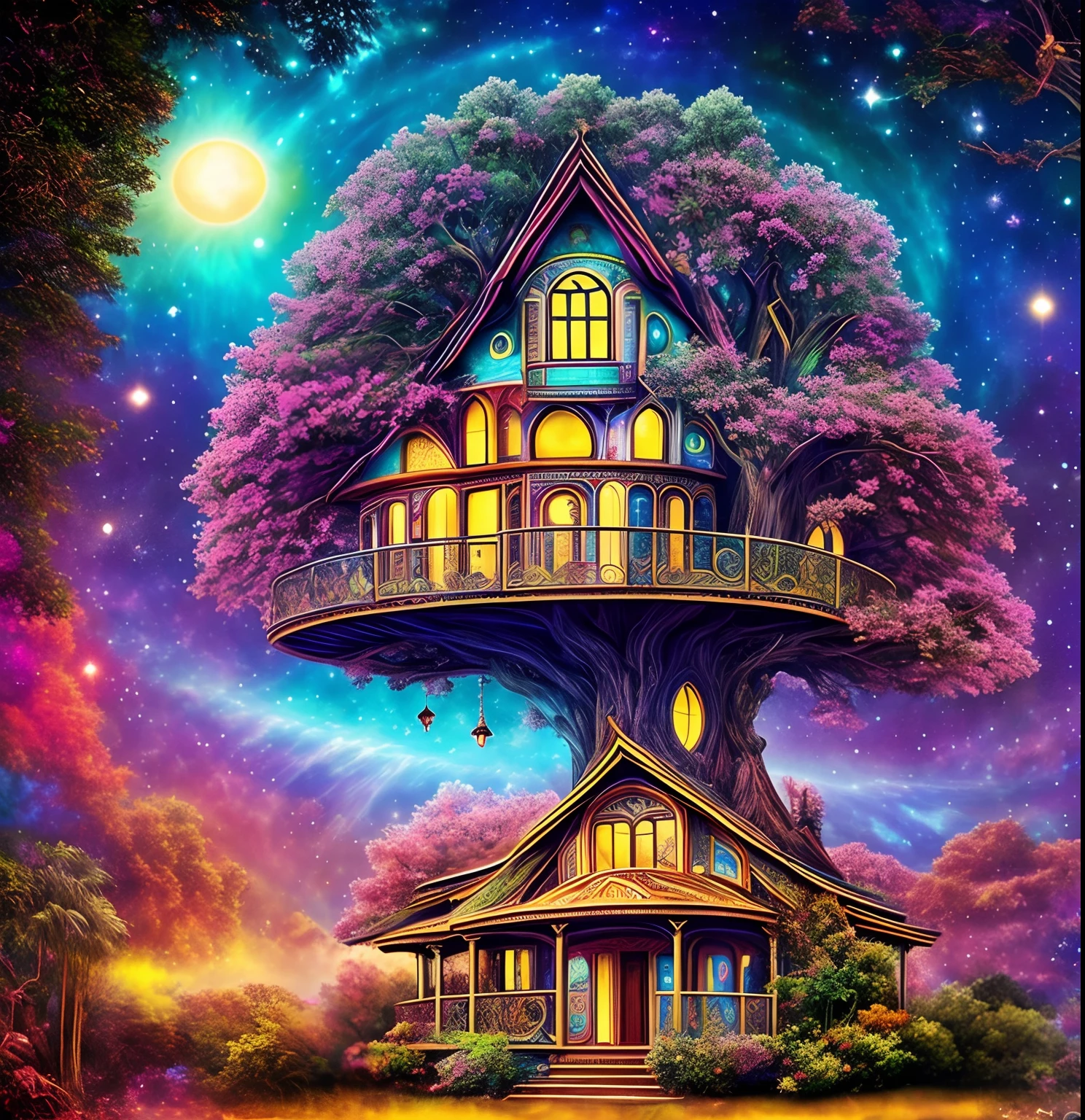Beautiful cosmic house in tree, psicodelic, intricado, Dream Theater album cover