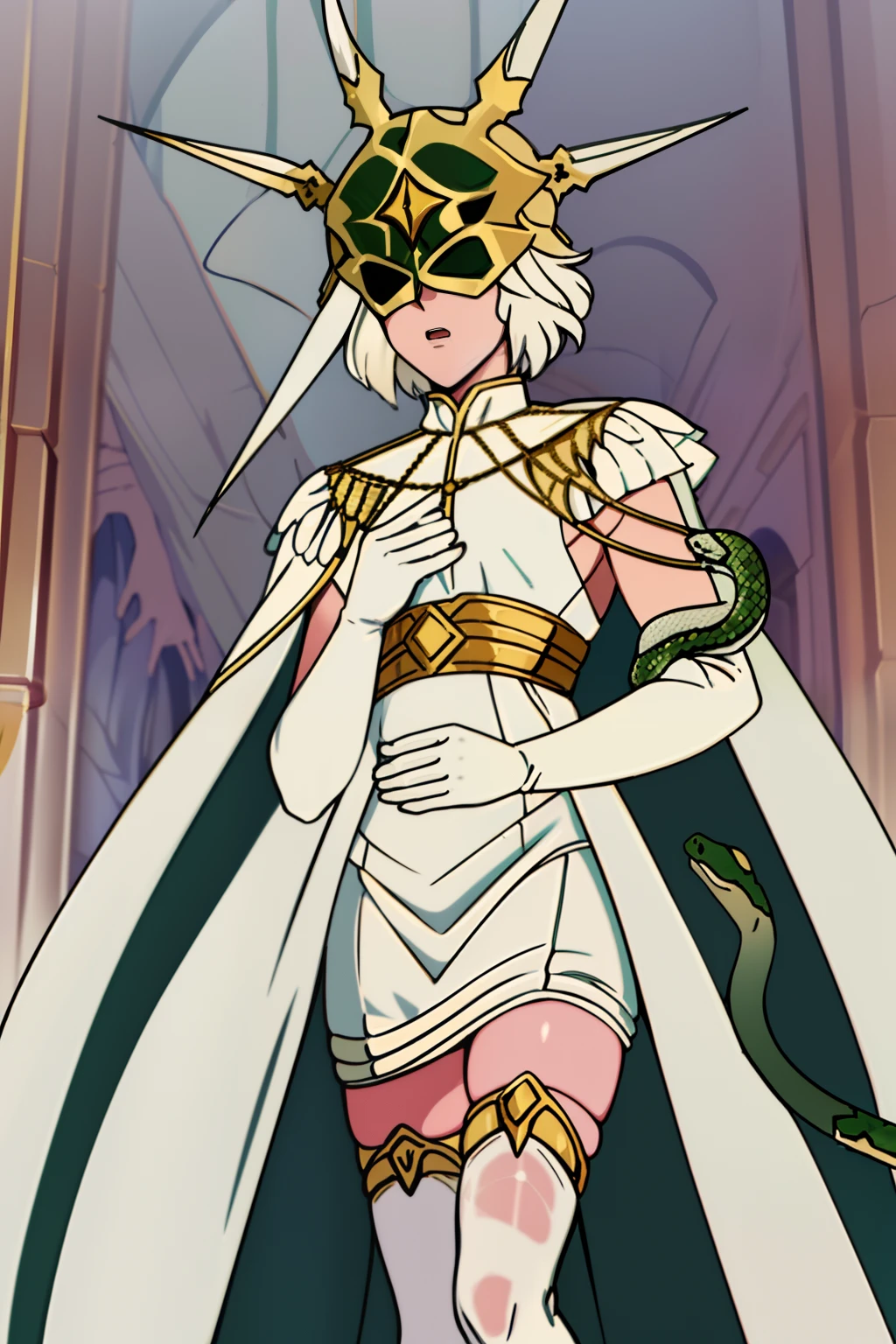 Gywndolin, short white hair, androgynous, 1boy, male, femboy, flat-chested, GwyRob, white thighhighs, ((golden sun mask)), covered eyes, gold jewelry, white elbow gloves, long white dress, green snakes, white veil, ((snakes under white dress)), perfect anatomy, solo