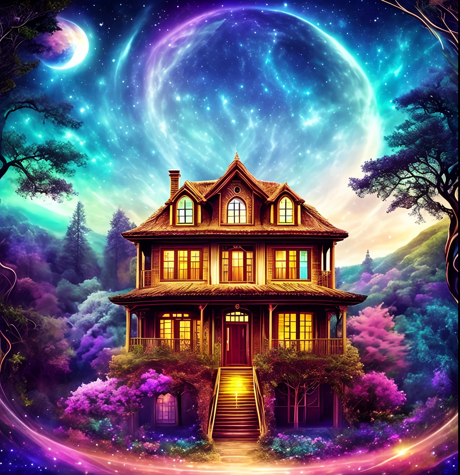 Beautiful cosmic house in tree, psicodelic, intricado, Dream Theater album cover