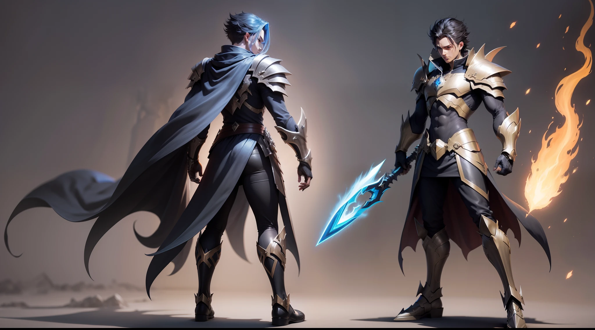 using cape Digimom male color black weapons in hand concept art fantasy, Elemental fire, Skill power fire
