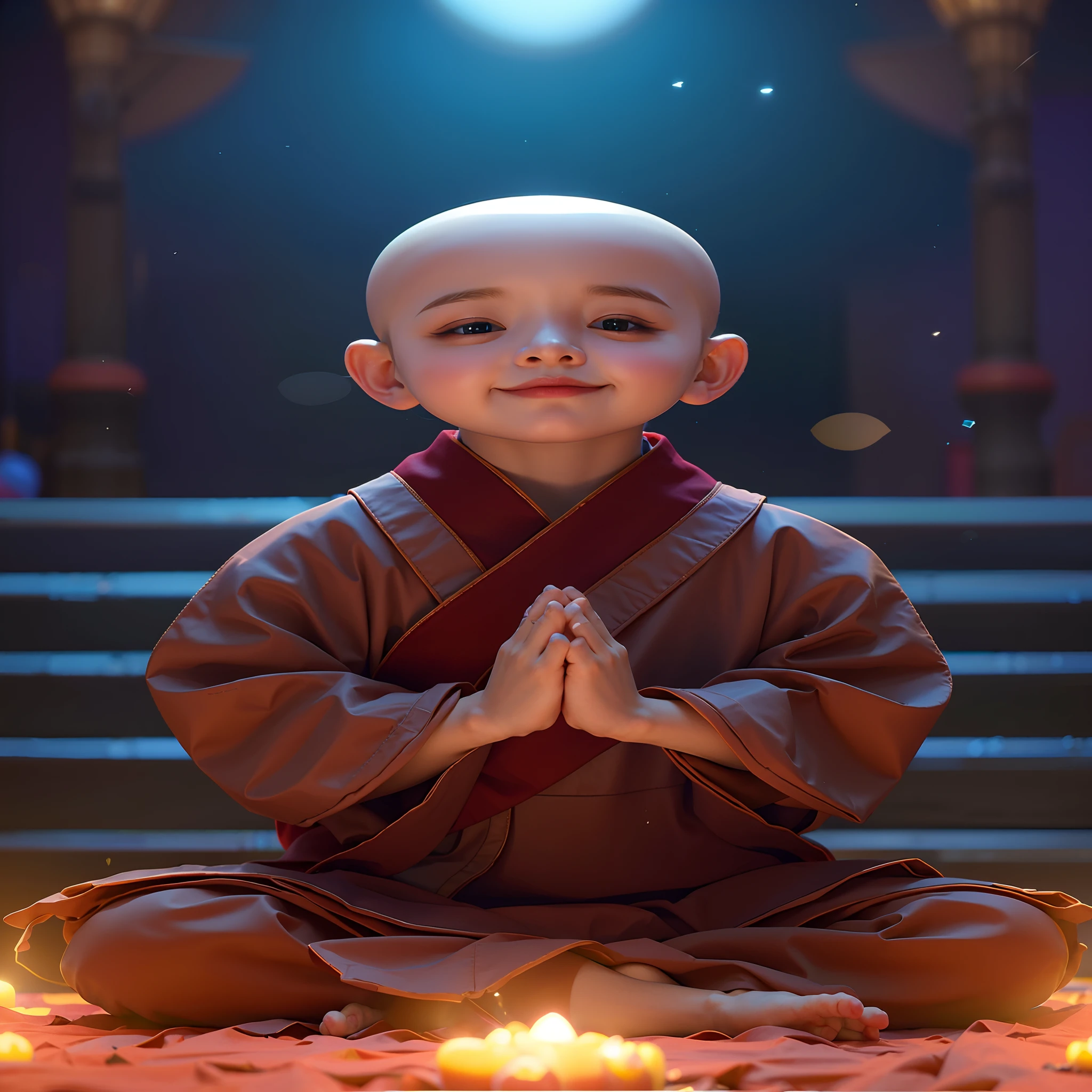 The child sits on the ground，There is a candle in front of him, cute digital painting, childrens art in artstation, wojtek fus, Ross Tran 8 K, Personagem pequeno. Unreal Engine 5, rossdraws global illumination, 3 D rendering character art 8 K, concept art of a monk, smooth 3d cg render, he is greeting you warmly