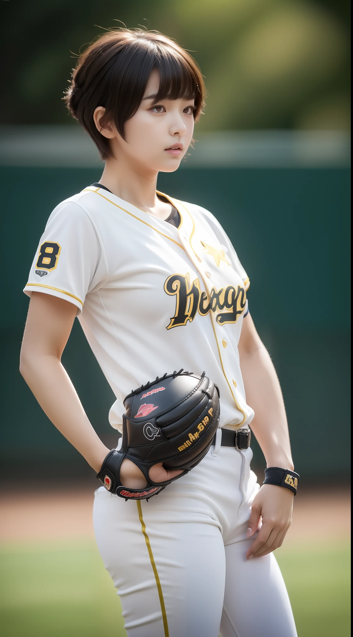 ((8k:1.27), best quality, masterpiece, golden ratio, ultra highres:1.2) Photo of cute idol girl
(beautiful:1.1) (sci-fi warrior woman:1.1), cute asian girl, 16 years old, fantasy, detailed, sport photography, Hasselblad camera, depth of field, short hair, pixie haircut, random hair color, solo girl, 1 girl, white
skin, big breast: 1.5, rounded breast, chubby body, full body photography, baseball jersey, baseball play, hold baseball ball, pitcher, pitching, ready to pitch the ball, brown baseball gloves, black baseball shoes
