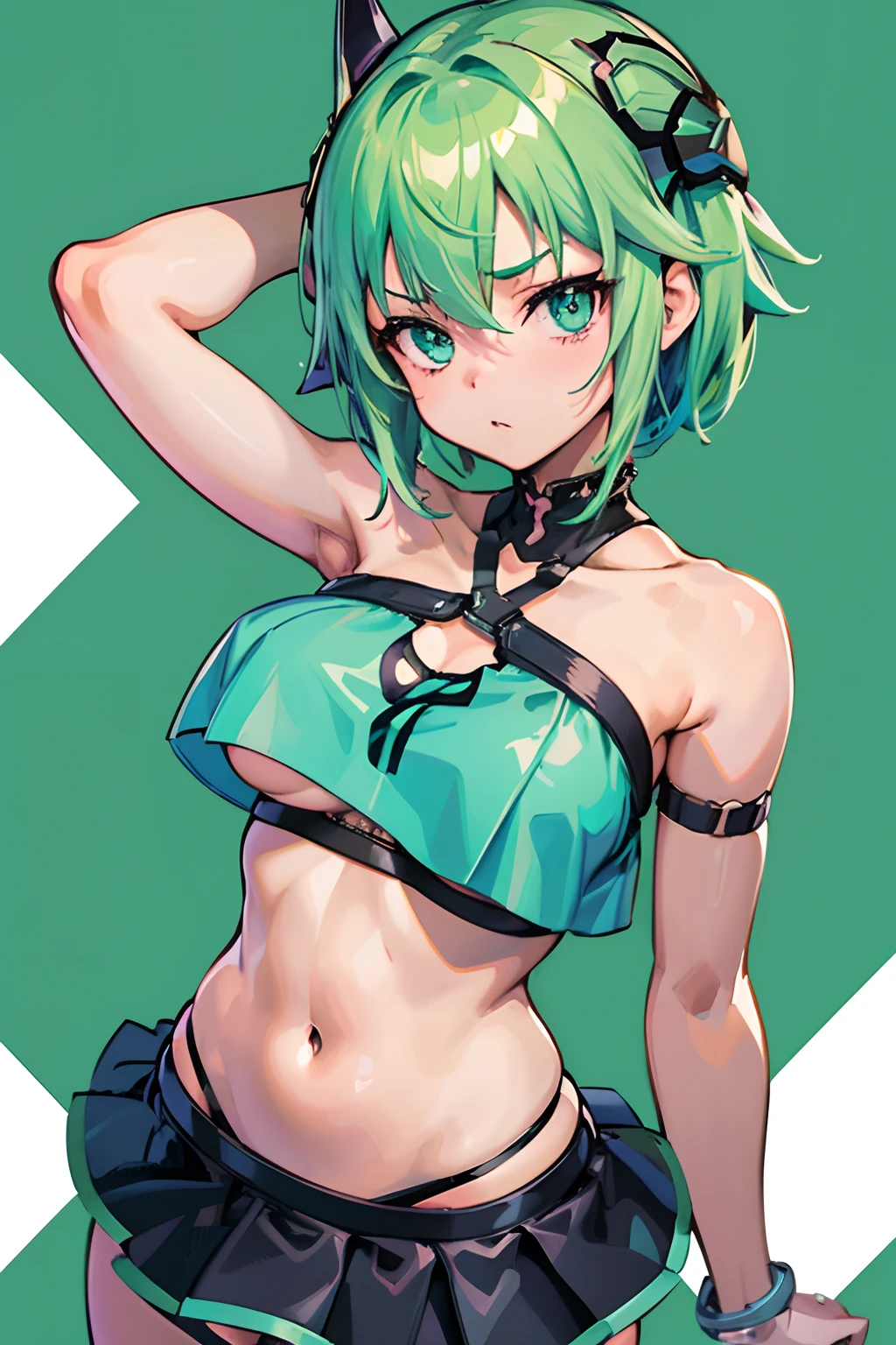 A captivating cute gorgeous succulent petite teasing teen anime girl with blue mint short hair, standing, from below pov, a stunning succulent anime girl teen with a strapless crop top and thong, armpits, cute breasts, badass anime 8k, detailed open navel focus, flaring chest, (sinon_sao), (sword art online), there’s a cute anime girl and under her thong lies a erect secreting large futanari cock, 1dickgirl futa