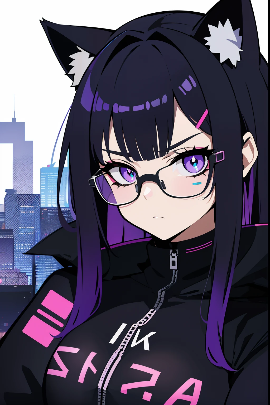 Cyberpunk menina roxo gamer, with glasseswith cat ears, com 20 anos de idade, olhos roxos brilhando, Cabelo tamanho medio preto Chanel com pontas roxa, and serious expression