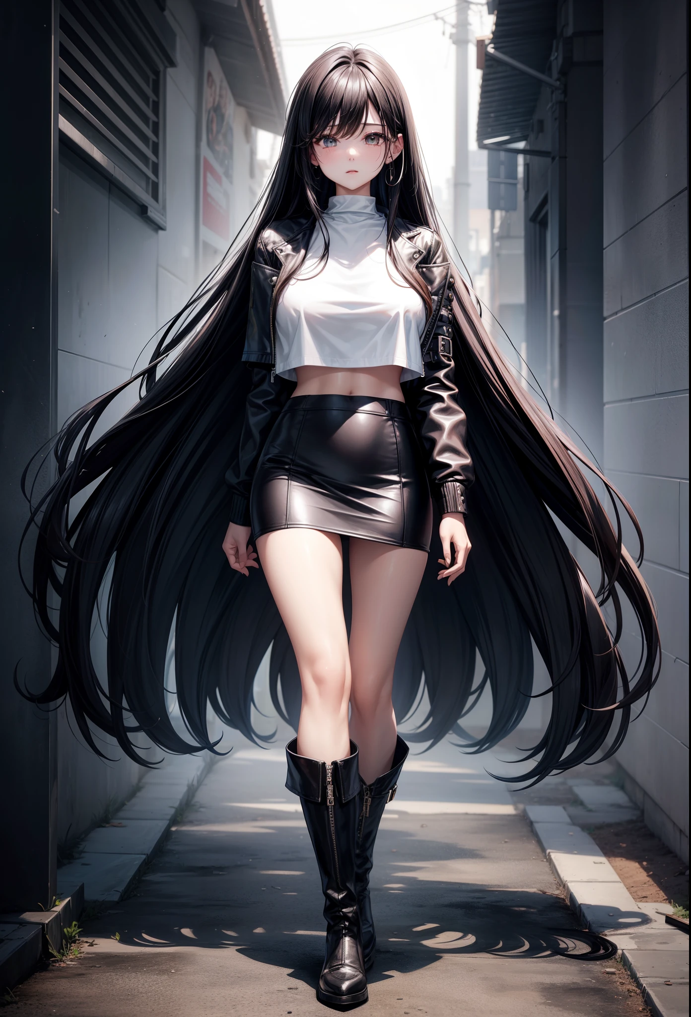 a beauty girl、huge tit、Long black hair、abdominals、leather jackets、White crop top、skirt by the、knee boots、is standing、full body seen