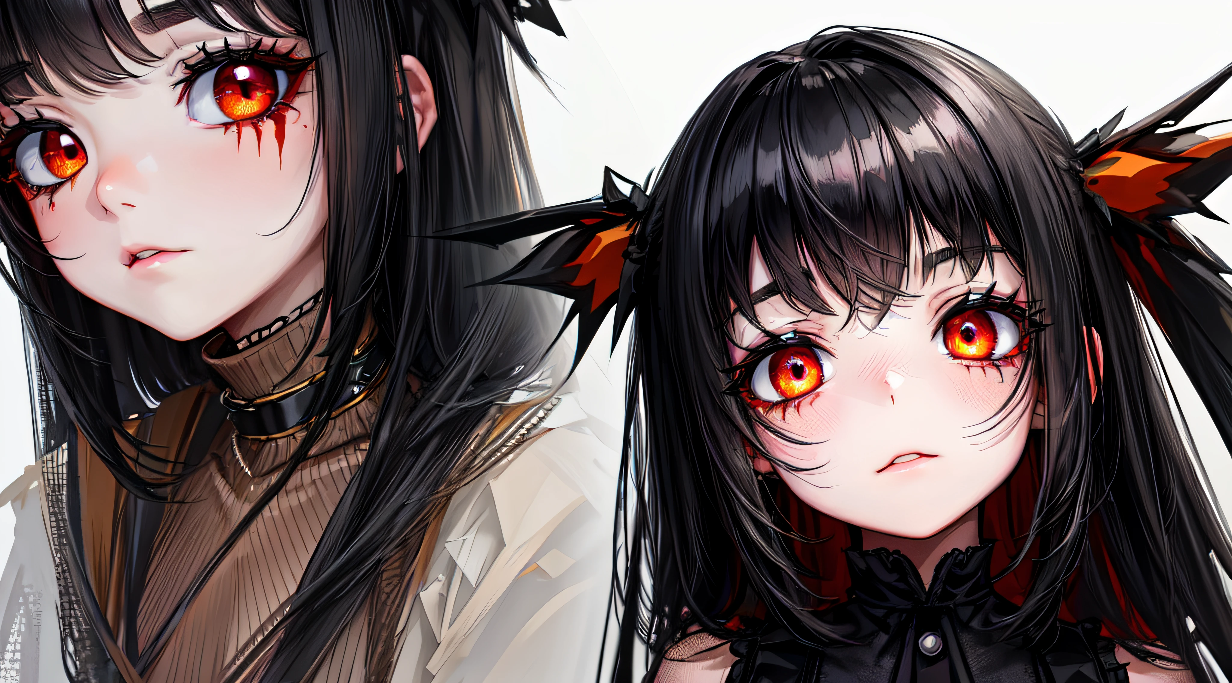 3  girl, black hair, dark gray sclera, black iris, blood red pupil, detailed eyes