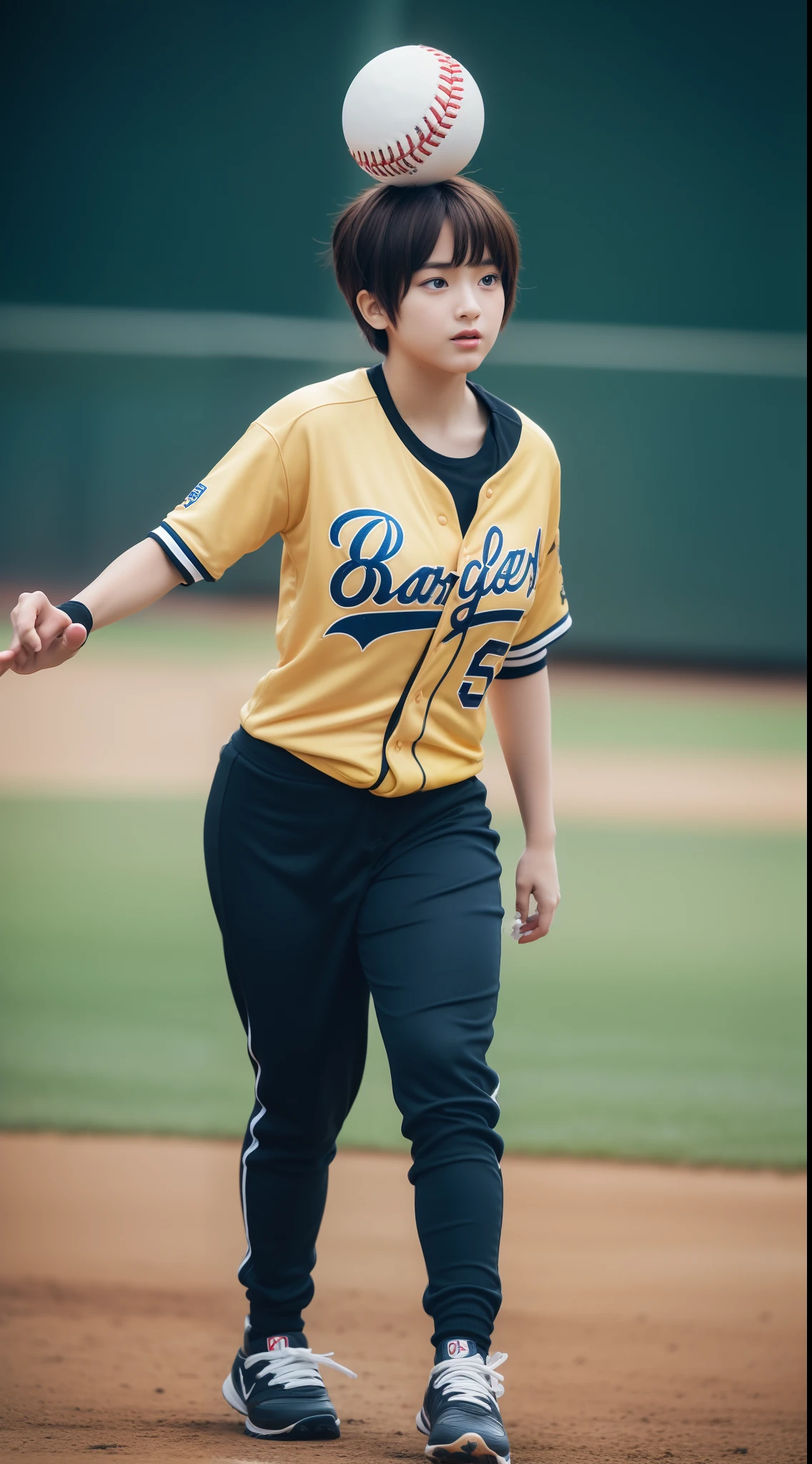 ((8k:1.27), best quality, masterpiece, golden ratio, ultra highres:1.2) Photo of cute idol girl
 (beautiful:1.1) (sci-fi warrior woman:1.1), cute asian girl, , fantasy, detailed, sport photography, Hasselblad camera, depth of field, short hair, pixie haircut, random hair color, solo girl, 1 girl, white
skin, big breast: 1.5, rounded breast, chubby body, full body photography, baseball jersey, baseball play, hold baseball ball, pitcher, pitching, ready to pitch the ball, brown baseball gloves, black baseball shoes
