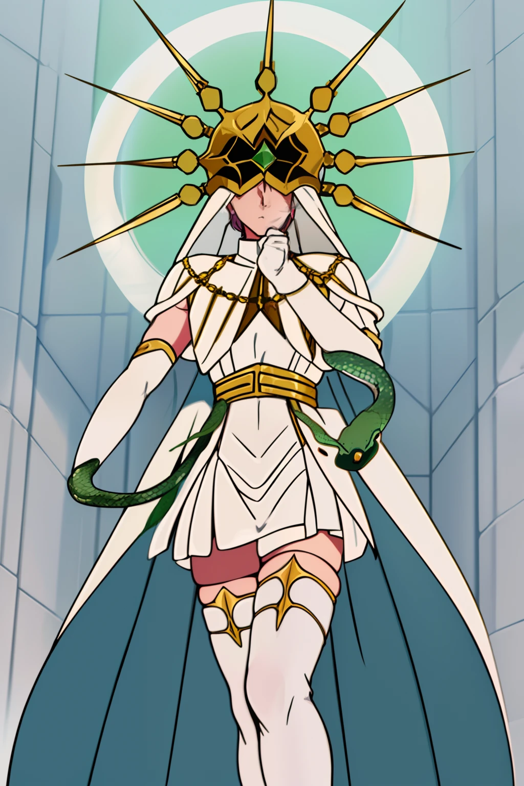 Gywndolin, short white hair, androgynous, 1boy, male, femboy, flat-chested, GwyRob, white thighhighs, ((golden sun mask)), covered eyes, gold jewelry, white elbow gloves, long white dress, green snakes, white veil, ((snakes under white dress)), perfect anatomy, solo