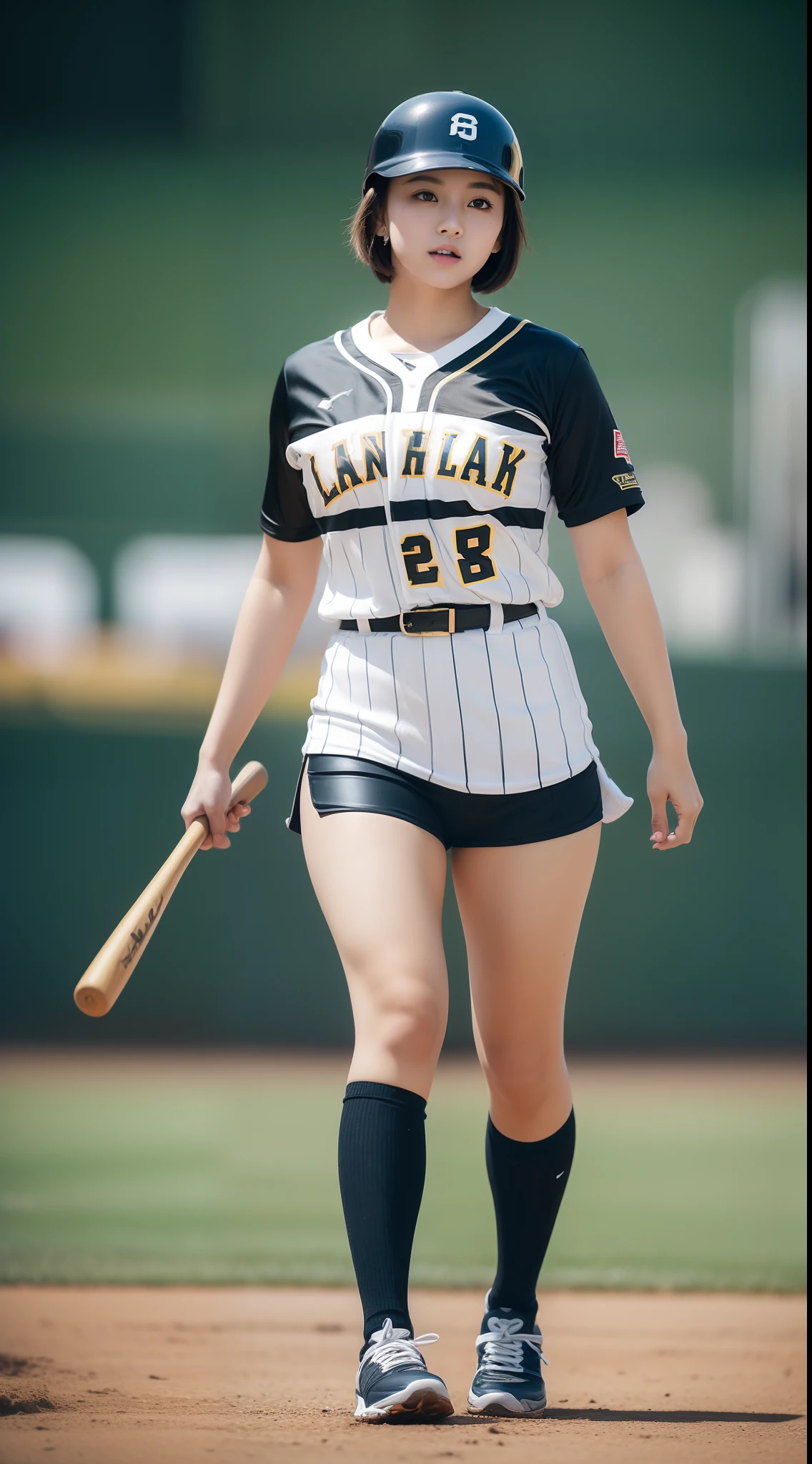 ((8k:1.27), best quality, masterpiece, golden ratio, ultra highres:1.2) Photo of cute idol girl
(beautiful:1.1) (sci-fi warrior woman:1.1), cute asian girl, 16 years old, fantasy, detailed, sport photography, Hasselblad camera, depth of field, short hair, pixie haircut, random hair color, solo girl, 1 girl, white
skin, big breast: 1.5, rounded breast, chubby body, full body photography, baseball jersey, baseball play, hold wooden bat, batter box, baseball helmet, black baseball shoes
