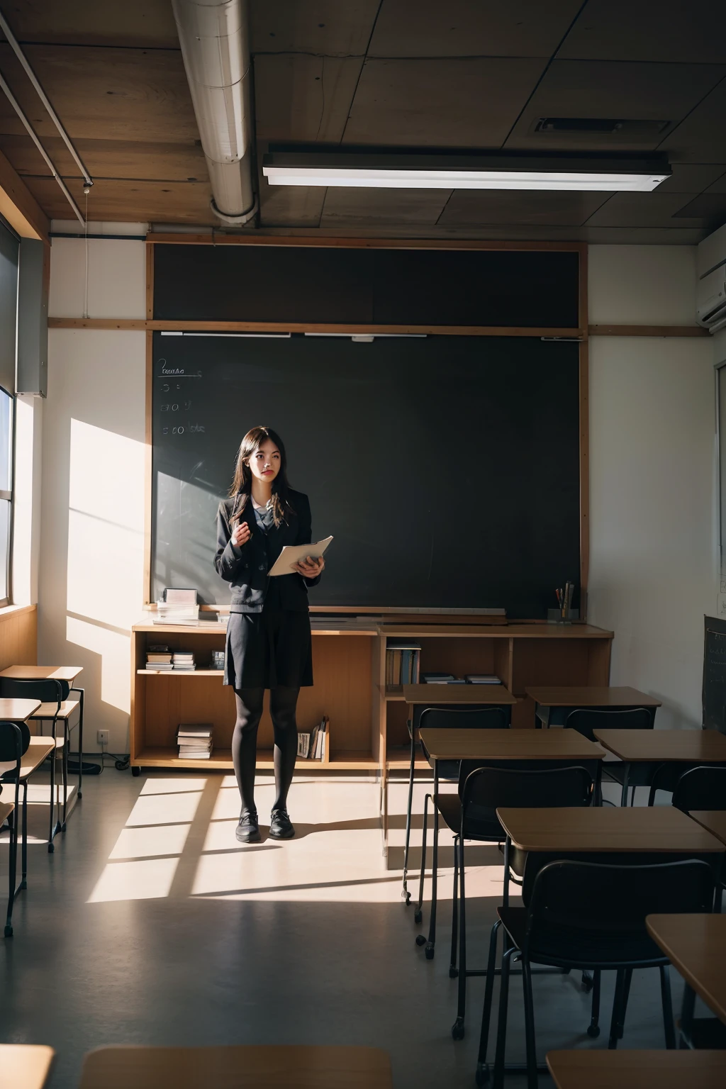 The teacher stands on the podium,Book in hand,Soft light，Point to the blackboard to explain，Under the podium are students who listen carefully，in class room，