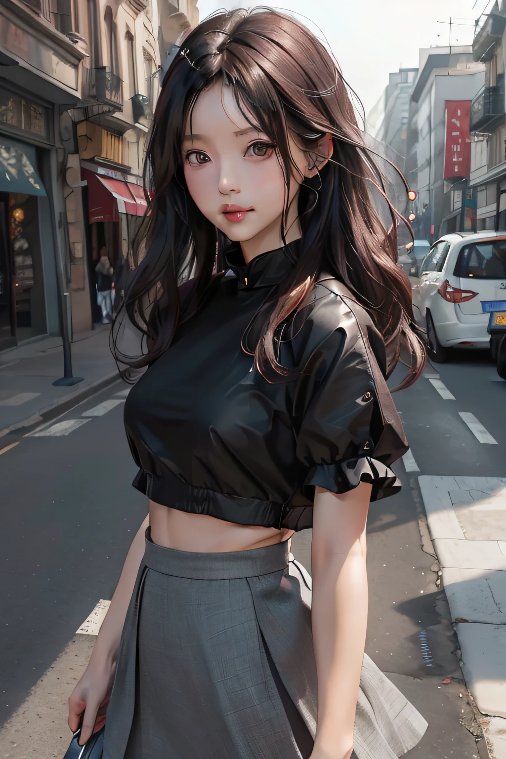 1人、silber hair、(dark brown eyes)、radiant eyes、cropped top、skirt by the、Parted lips、