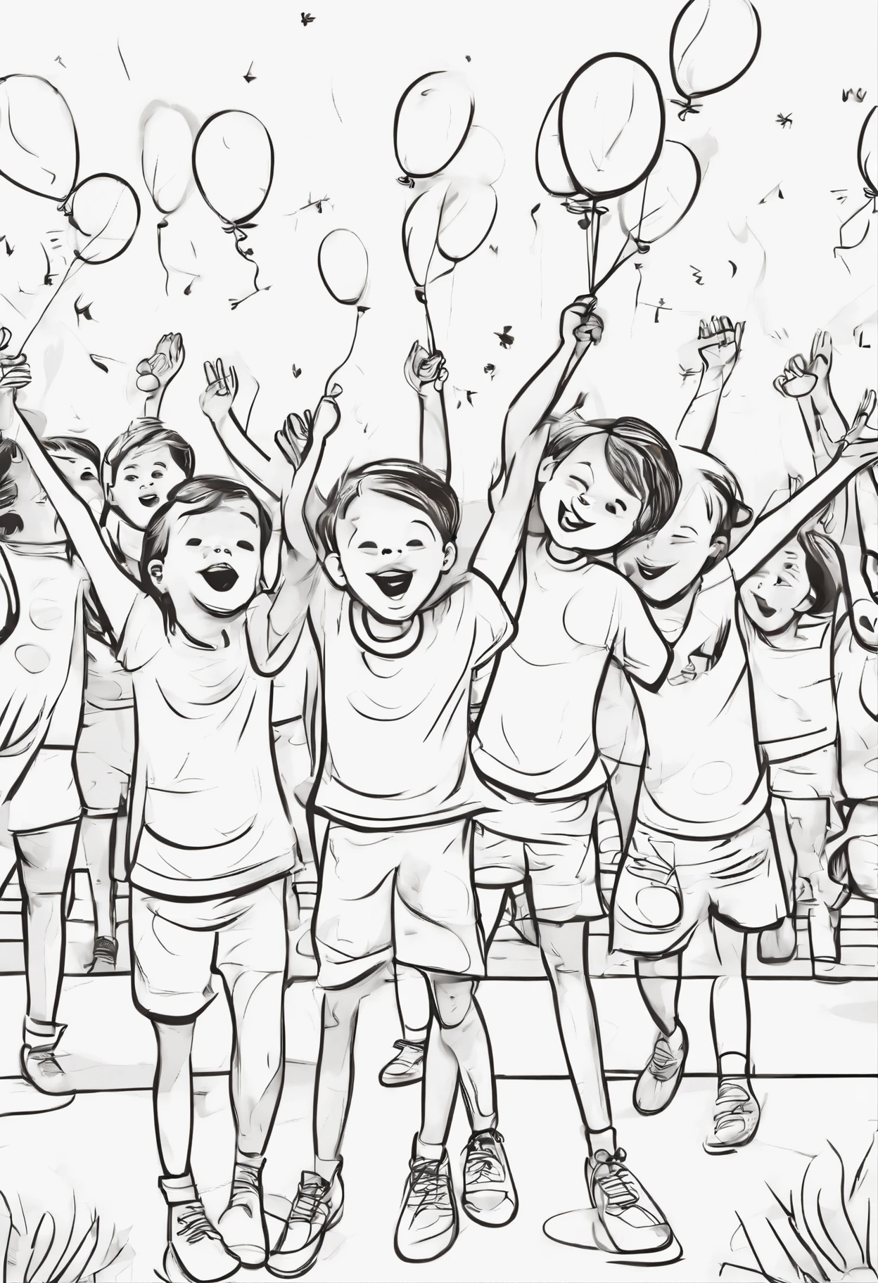(Children's Day illustration), three children dressed in casual sportswear raise their hands and cheer on the football field, which is bright and warm, surrounded by streamers and balloons, and the crowd cheers. Characters occupy a small part of the picture.