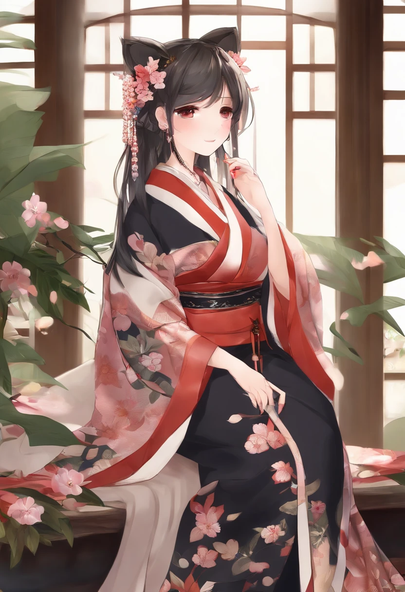 masterpiece, best quality,1girl,(:3:1.3) ,(close-up face:1.4),animal ear fluff, animal ears, bangs, black hair, blush, closed mouth, earrings, floral print, grey eyes, hair ornament, hairclip, hands on own cheeks, hands on own face, head rest, japanese clothes, jewelry, kimono, long sleeves, looking at viewer, print kimono, red nails, smile, solo, tassel, upper body, wide sleeves,