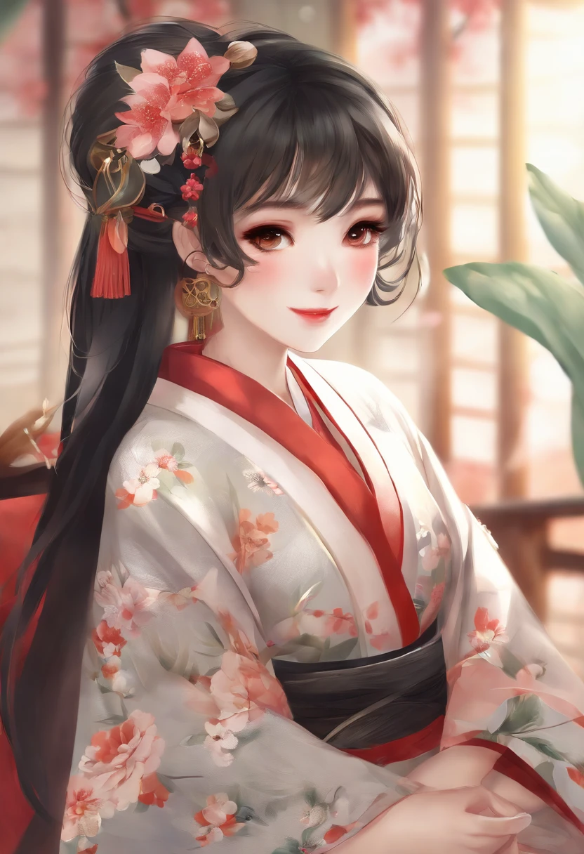 masterpiece, best quality,1girl,(:3:1.3) ,(close-up face:1.4),animal ear fluff, animal ears, bangs, black hair, blush, closed mouth, earrings, floral print, grey eyes, hair ornament, hairclip, hands on own cheeks, hands on own face, head rest, japanese clothes, jewelry, kimono, long sleeves, looking at viewer, print kimono, red nails, smile, solo, tassel, upper body, wide sleeves,