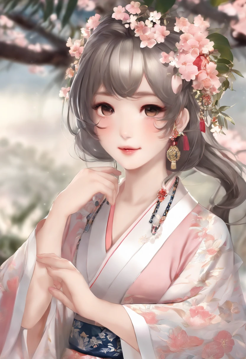 masterpiece, best quality,1girl,(:3:1.3) ,(close-up face:1.4),animal ear fluff, animal ears, bangs, black hair, blush, closed mouth, earrings, floral print, grey eyes, hair ornament, hairclip, hands on own cheeks, hands on own face, head rest, japanese clothes, jewelry, kimono, long sleeves, looking at viewer, print kimono, red nails, smile, solo, tassel, upper body, wide sleeves,
