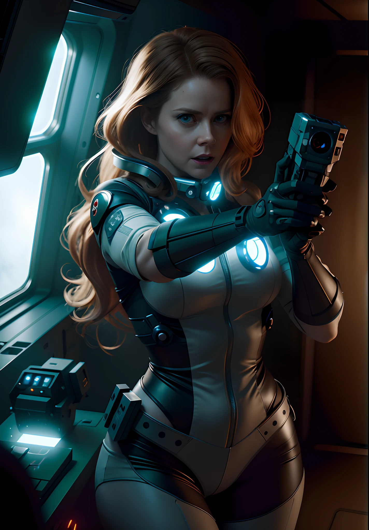 Hot terrified Sci fi Amy Adams with short hair holding a sci fi pistol on Ishimura Horror Space Ship photography, natural light, photorealism, cinematic rendering, ray tracing, the highest quality, the highest detail, Cinematic, Third-Person View, Blur Effect, Long Exposure, 8K, Ultra-HD, Natural Lighting, Moody Lighting, Cinematic Lighting