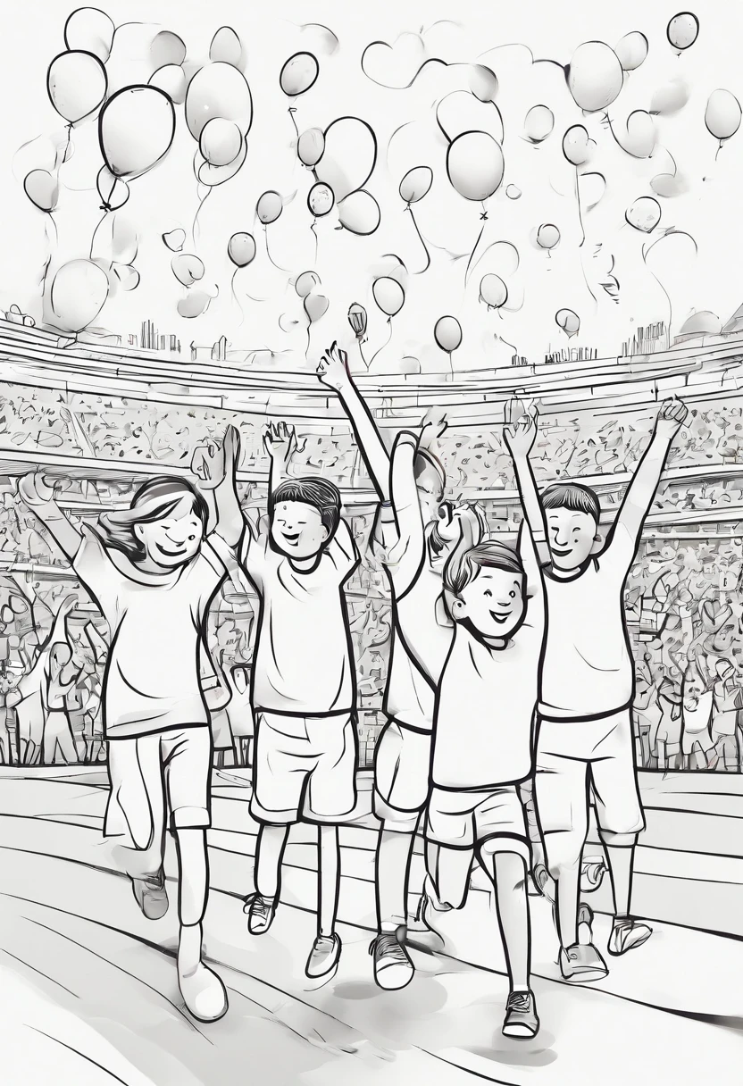 (Children's Day illustration), three children dressed in casual sportswear raise their hands and cheer on the football field, which is bright and warm, surrounded by streamers and balloons, and the crowd cheers. Characters occupy a small part of the picture.