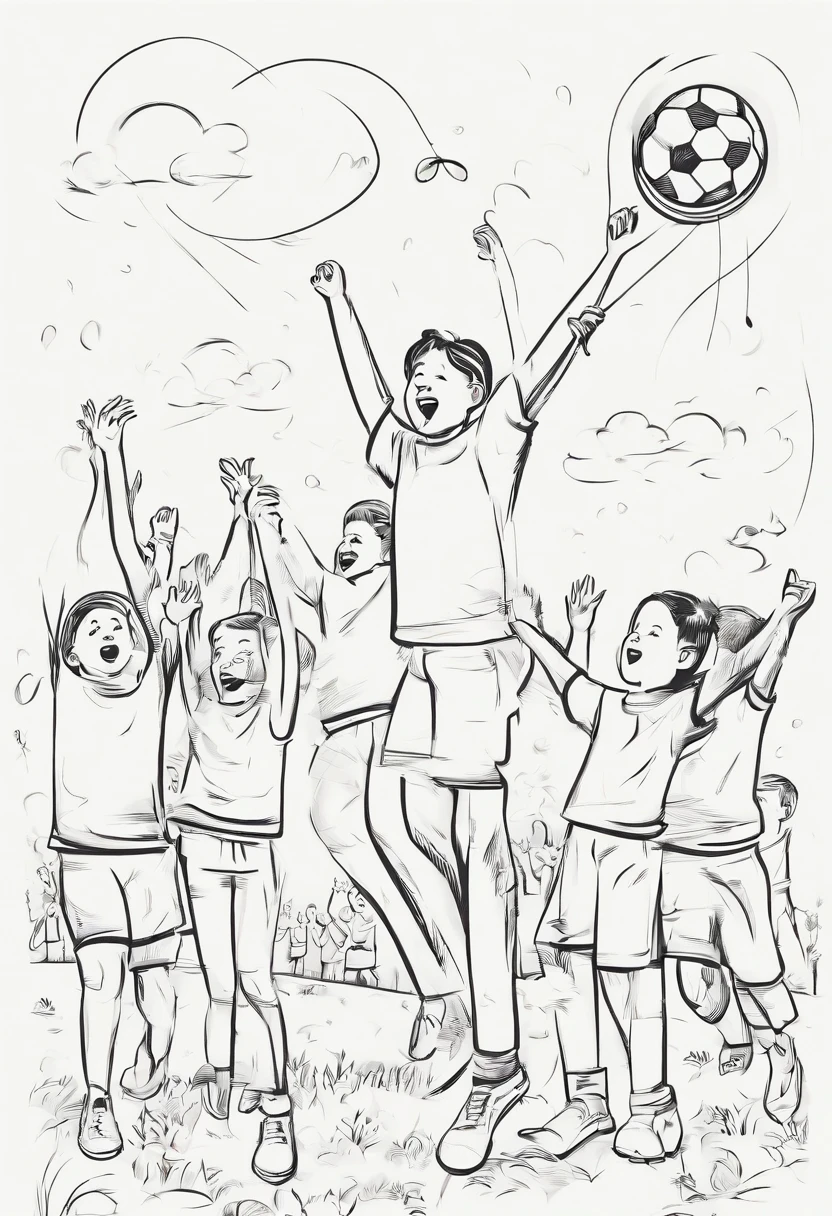 (Children's Day illustration), three children dressed in casual sportswear raise their hands and cheer on the football field, which is bright and warm, surrounded by streamers and balloons, and the crowd cheers. Characters occupy a small part of the picture.