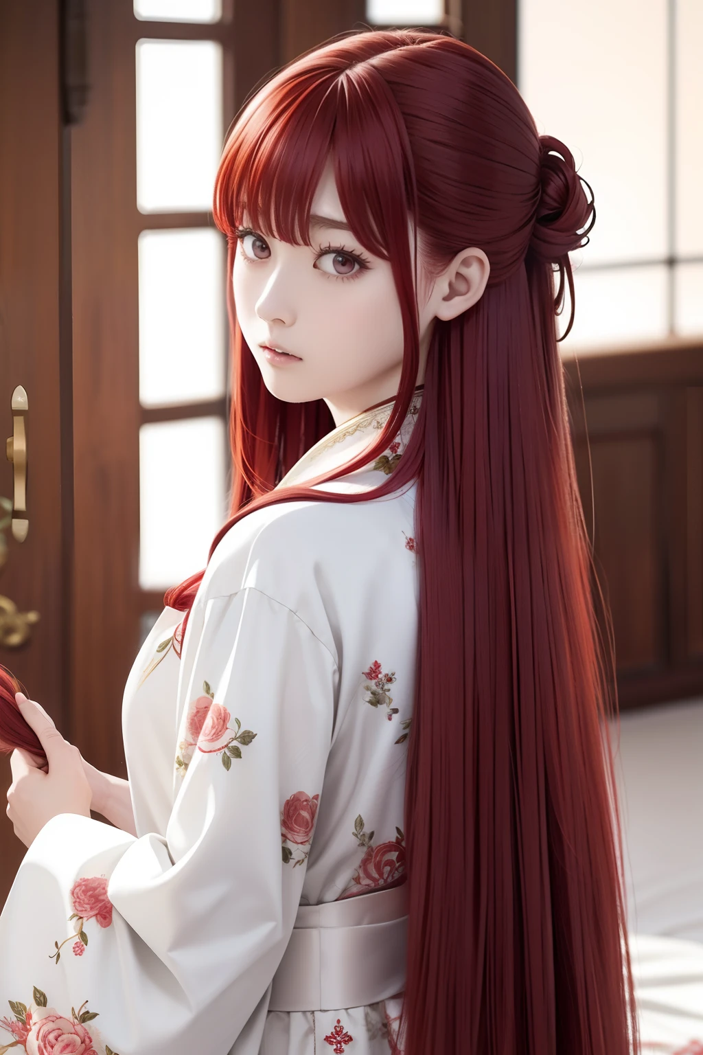 Red hair、Long hair、Side tail、bustshot、Hair tied at the side、Princess、robe blanche、floral embroidery、angry looking face、