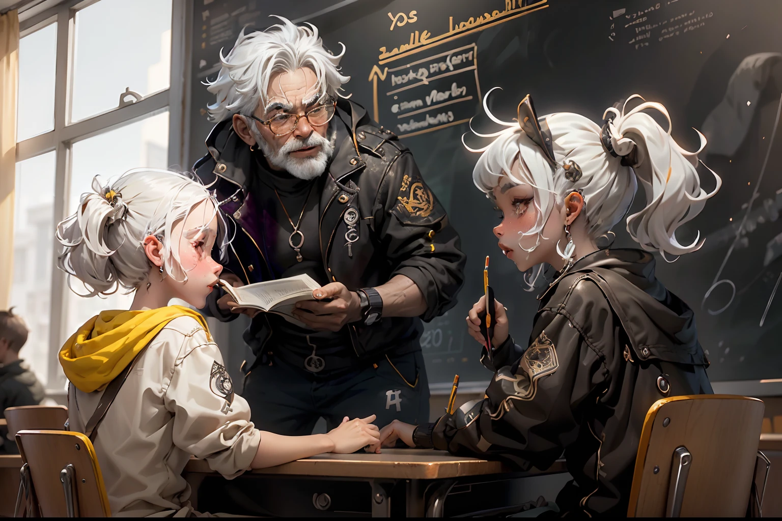 In bright classrooms，（An older Asian male teacher discusses issues with two elementary school students：1.5），Two schoolchildren quarrel with each other，The teacher's face is full of the vicissitudes of time，Full of silver hair，Watch your classmates smile toothyly，The blackboard behind him was full of formulas，Sunlight shines through the window on the teacher's face，((Best quality, A high resolution, Masterpiece:1.2)), Clear facial features, Optimized details,8K,cinematic Film still from.