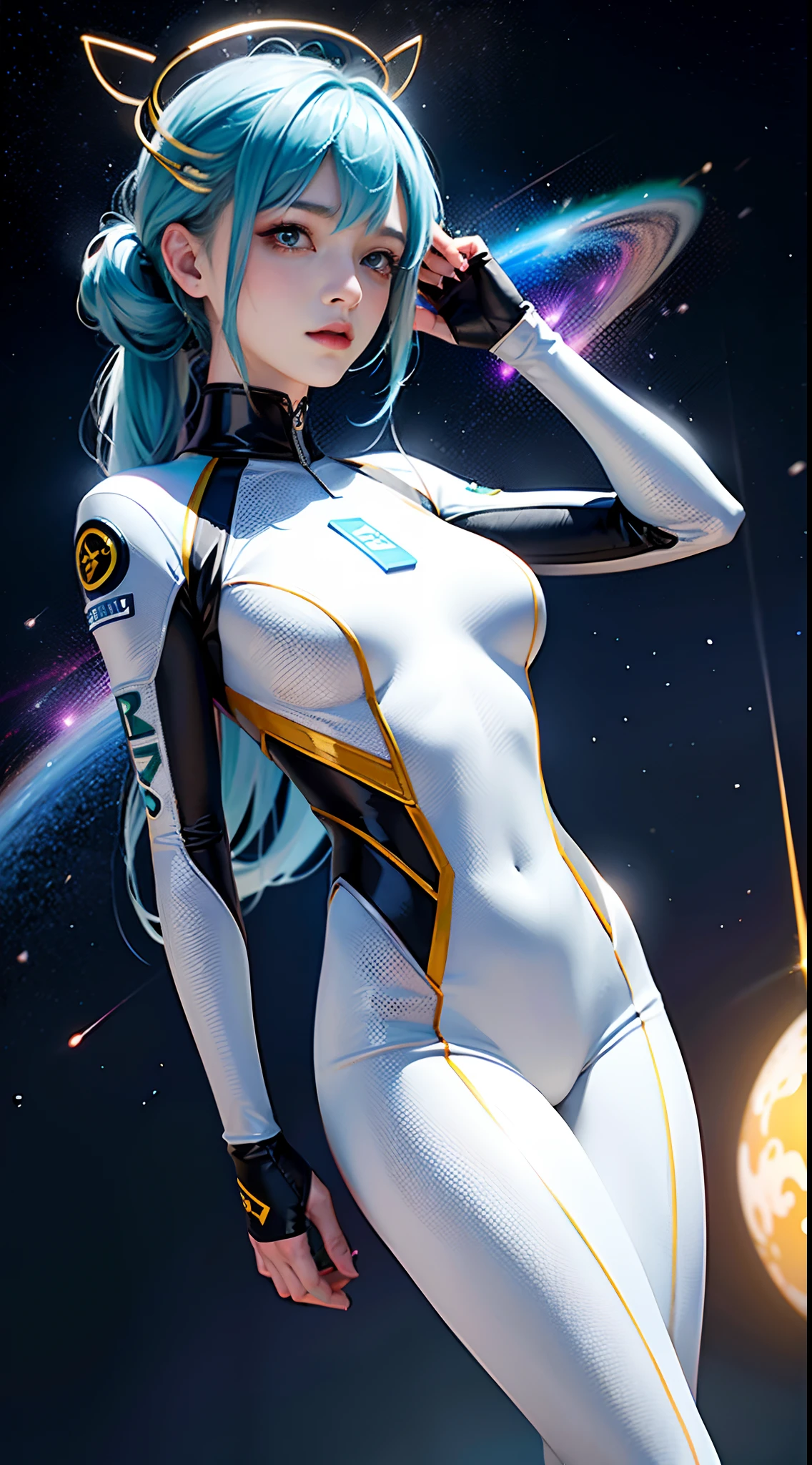 （tmasterpiece：1.2），best qualtiy，In space，（nigh sky，medium lenght hair：1.2），（illustratio：1.2），lindo cenario，dreads，（Elaborate luminescence，lens flare glow），（Hyper-detailing），Hyper-detailing，（exquisitedetails），（complexdetails），（Movie light，Best quality backlight），清晰的线条，New world，peeping at the viewer，Solo Woman，（Space Girl，the space），Oriental women，The girl looks like a Chinese movie star，Solo Woman，Perfect body，Beautiful 16 year old girl，（1girll），（Bright bioluminescent hair，bright glowing eyes），（galaxias，Alien planet），（Astronauts dressed sexy, Futuristic style white close-fitting latex spacesuit：1.1），The material of the spacesuit is light and thin，Spacesuit tight，Nebulae can be seen on the chest of the spacesuit，Slightly closed eyes，（cyber punk perssonage），（dyna：1.3），（putting makeup on）），hight contrast，（The best lighting，Extremely refined and beautiful），（（Movie Moonlight）），Extremely colorful，（（Photoshop Pastel Painting：1.1）），aethereal，（Movie Masterpiece），suspense，Funk，（Starskrim），splash of color，absolutly eye-catching，（（Caustics）），dynamic angle，big breasts beautiful（detailed glow），（spine-chilling），（Intricate movie scenes behind it：1.2），Environmental occlusion， （Ambient moonshine）， ray-traced reflection， intricately detailed visible background ， （Glowing spacesuit）， terroral， （Bioluminescent vegetation：1.2）， terroral， uneasy， A futuristic， terroral， （Hologram head-up display）， （Delicate Great Comet）