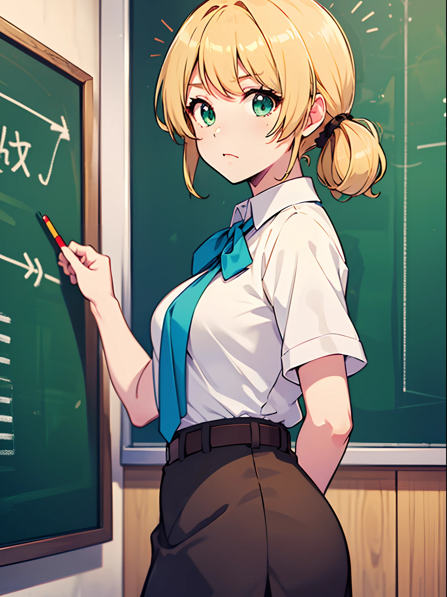 Anime style, ellen baker, beautiful, green eye, blonde hair, white shirt, dark blue outer, short span, Brown span, (background: classroom, chalk board), (masterpiece:1.2), (vibrant:1.2), very detailed, flawless art