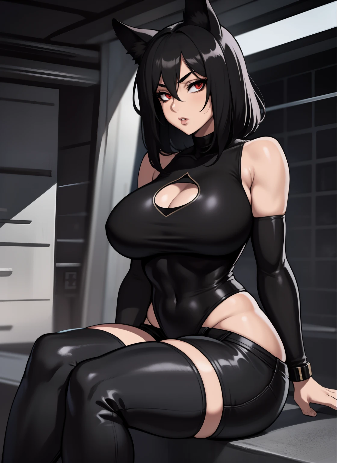 Single woman, anime woman, Hourglass figure, Short, long black hair, dog ears, red eyes, short jeans, thigh high socks, black combat boots, open black jacket, big chest, tank top, solo woman, only one woman