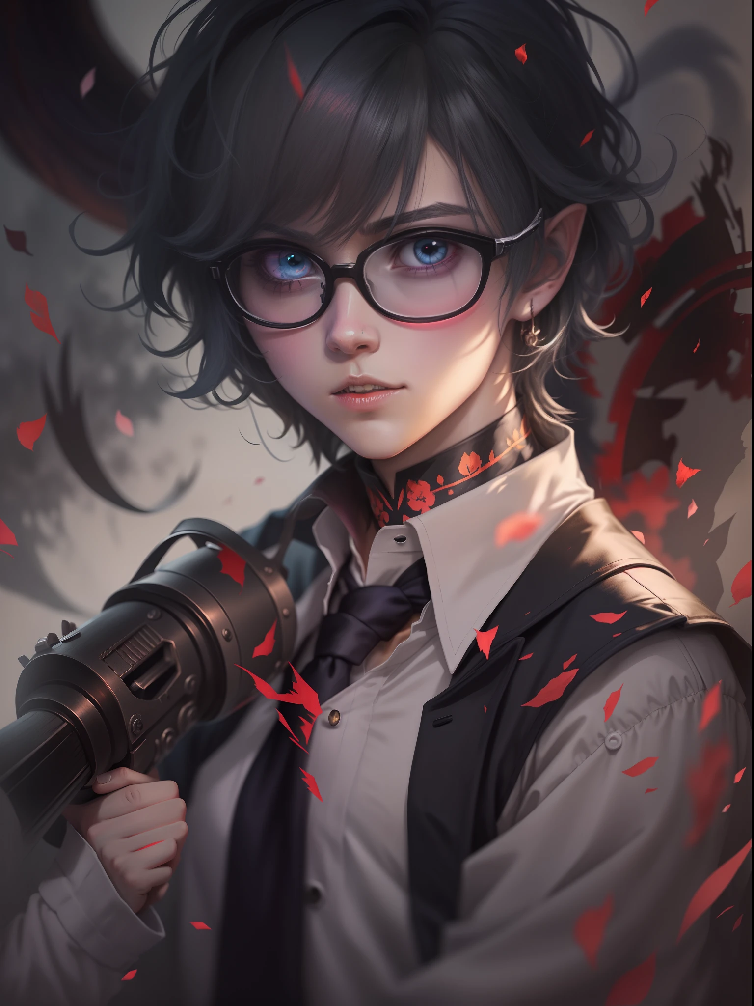 Anime elf boy with glasses and a tie with a bayonet pistol, Arte no estilo de Guweiz, his eyes are bleeding intense, Retrato Gapmoe Yandere Grimdark, ele usa um tapa-olho, cara bonito na arte demon slayer, arte de anime digital detalhada, Guweiz, arte de anime limpa e detalhada, foto de perfil do discord, Gapmoe Yandere Grimdark