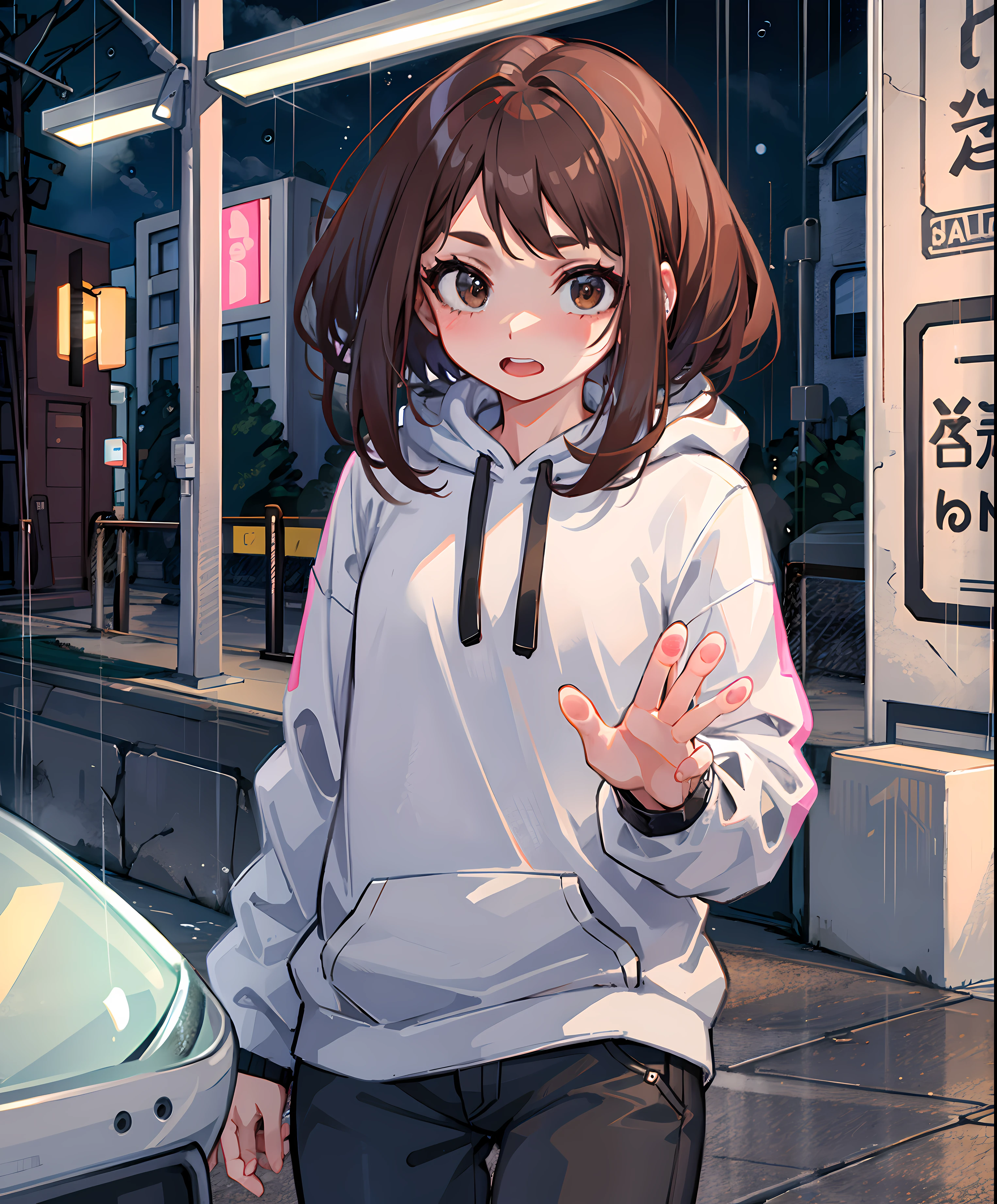 masterpiece,1girl,solo,incredibly absurdres,hoodie,headphones, street,outdoors,rain,neon lights, brown, hair brown eyes,