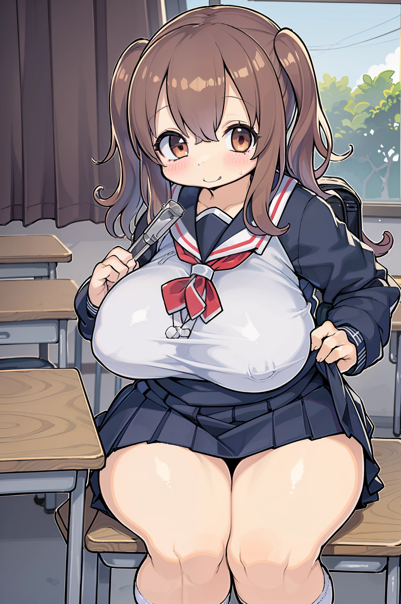 ((masutepiece, Best Quality)),Best aesthetic,1girl in, School uniform, desk work, Sitting, School Desk, Brown hair, crass room, Long hair, Indoors, Chair, Looking at Viewer, :P, Solo Focus, Brown eyes, Skirt, Long sleeves, Pencil, 1 boy, pencil case, paper, black serafuku, Multiple girls, Pleated skirt, Sailor collar, Bangs, head rest, School bag, school chair,huge-breasted、bbw、thick thight、big butts