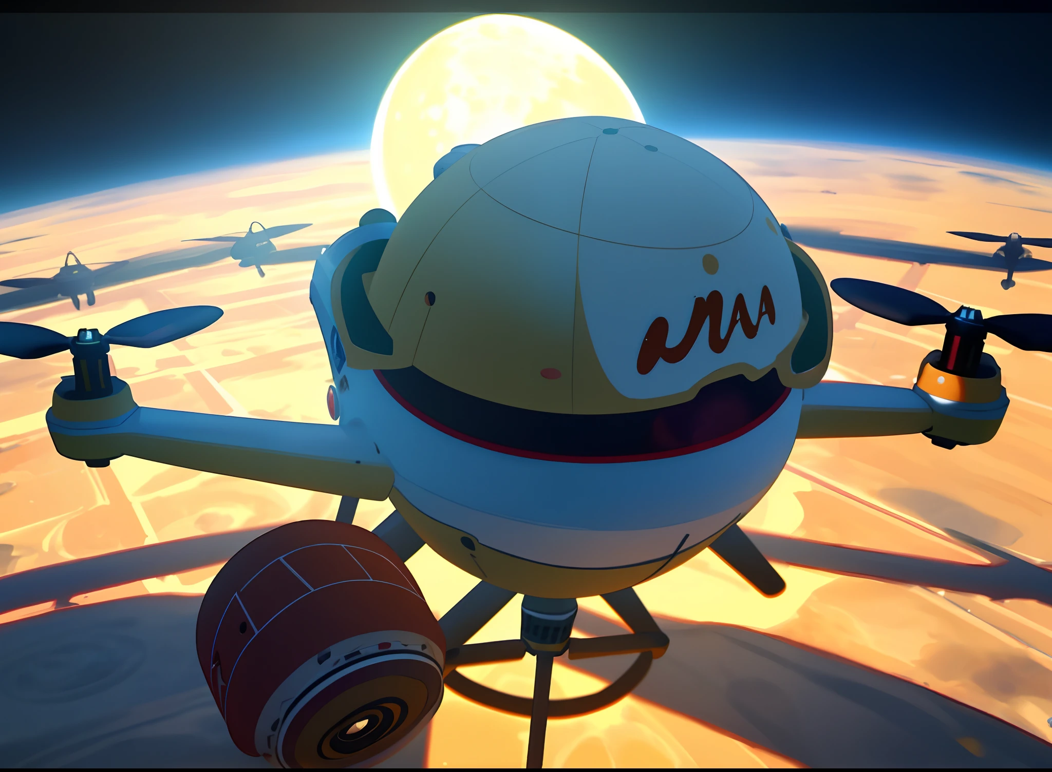 Crie um video onde existe um drone mini 2 sobrevoando a lua, This flight is in 360 degrees, na lua os ets ficam admirados com a tecnologia do drone