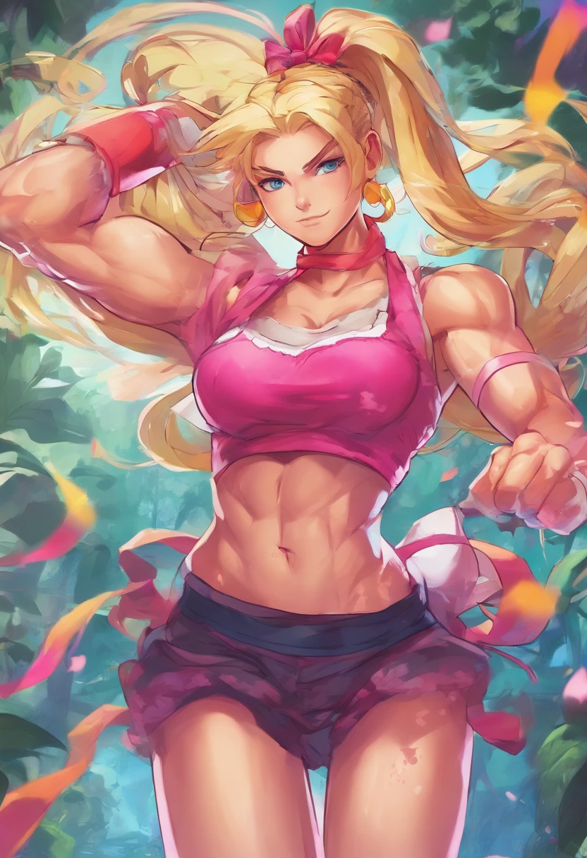 (a beautiful muscular girl,blonde:pigtail,eye-catching,top-quality,),thigh high socks,pink frilly skirt,gym top,fashionable,vibrant colors,expressive face,dynamic pose,in a garden setting,floral background,soft natural lighting,realistic style,happy expression,confident stance,attention-grabbing appearance,strong legs,bounce and volume in the hair,high-resolution image,vivid colors,perfectly styled hair,fit and athletic body,energetic vibe,full of life