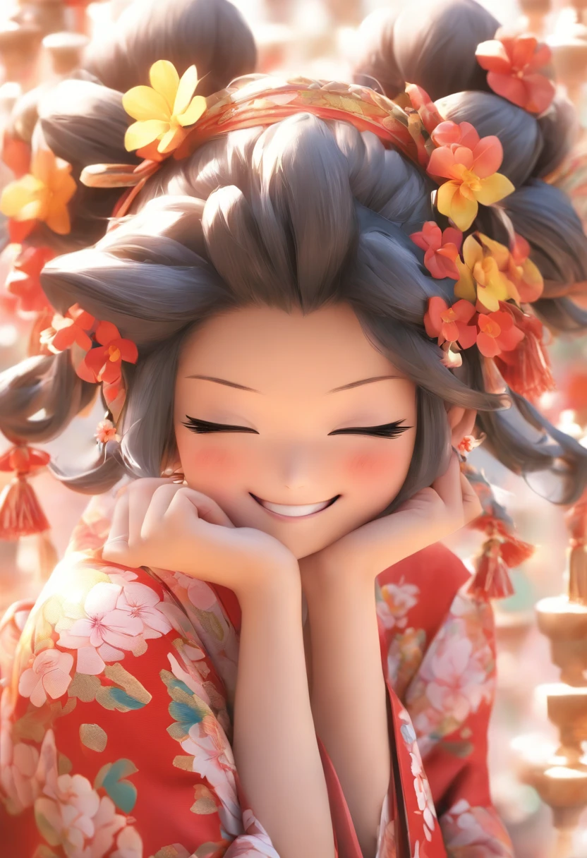 masutepiece, Best Quality,1girl in,(:3:1.3) ,(Close-up Face:1.4),animal ear fluff, Animal ears, Bangs, Black hair, blush, Closed mouth, earrings, with floral pattern, grey eyes, Hair Ornament, hair clips, hands on own cheeks, hands on own face, head rest, komono, Jewelry, Kimono, Long sleeves, Looking at Viewer, print kimono, Red Nails, Smile, Solo, tassels, Upper body, Wide sleeves,