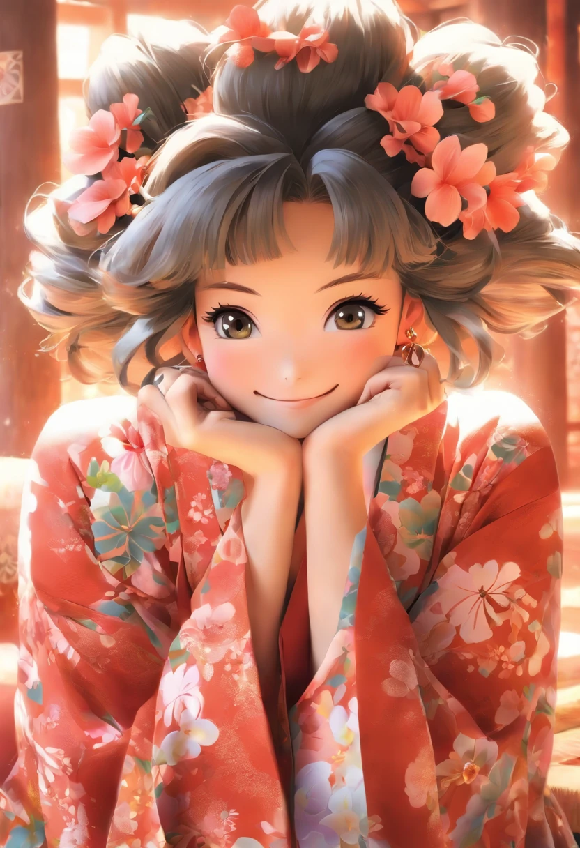 masutepiece, Best Quality,1girl in,(:3:1.3) ,(Close-up Face:1.4),animal ear fluff, Animal ears, Bangs, Black hair, blush, Closed mouth, earrings, with floral pattern, grey  eyes, Hair Ornament, hair clips, hands on own cheeks, hands on own face, head rest, komono, Jewelry, Kimono, Long sleeves, Looking at Viewer, print kimono, Red Nails, Smile, Solo, tassels, Upper body, Wide sleeves,
